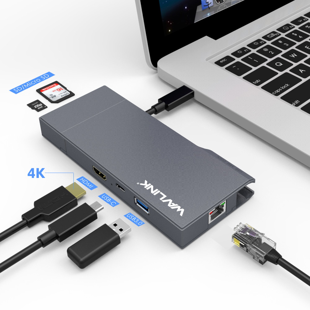 Wavlink USB C Hub Type C Adapter 4K HDMI Docking Stations With 60W PD Charging, RJ45 Gigabit Ethernet Port, USB C Power Delivery, SD/TF Card Reader, for MacBook Pro and Type C Windows Laptops