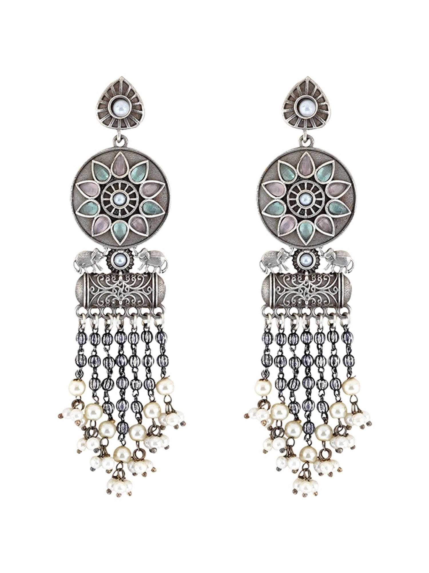 Teejh Ethnic Gahez Multi-colored Silver Oxidized Dangler Earrings