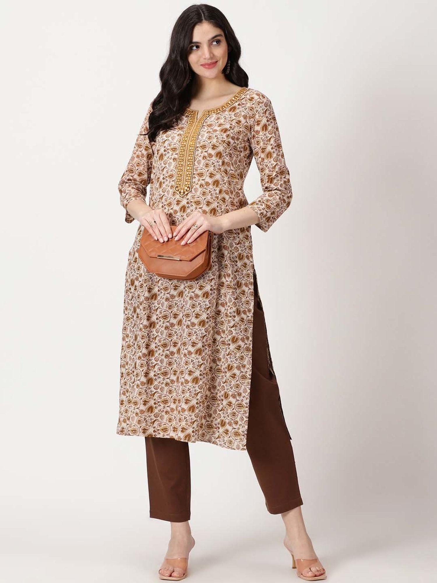 Saffron Threads Beige Printed Straight Kurta