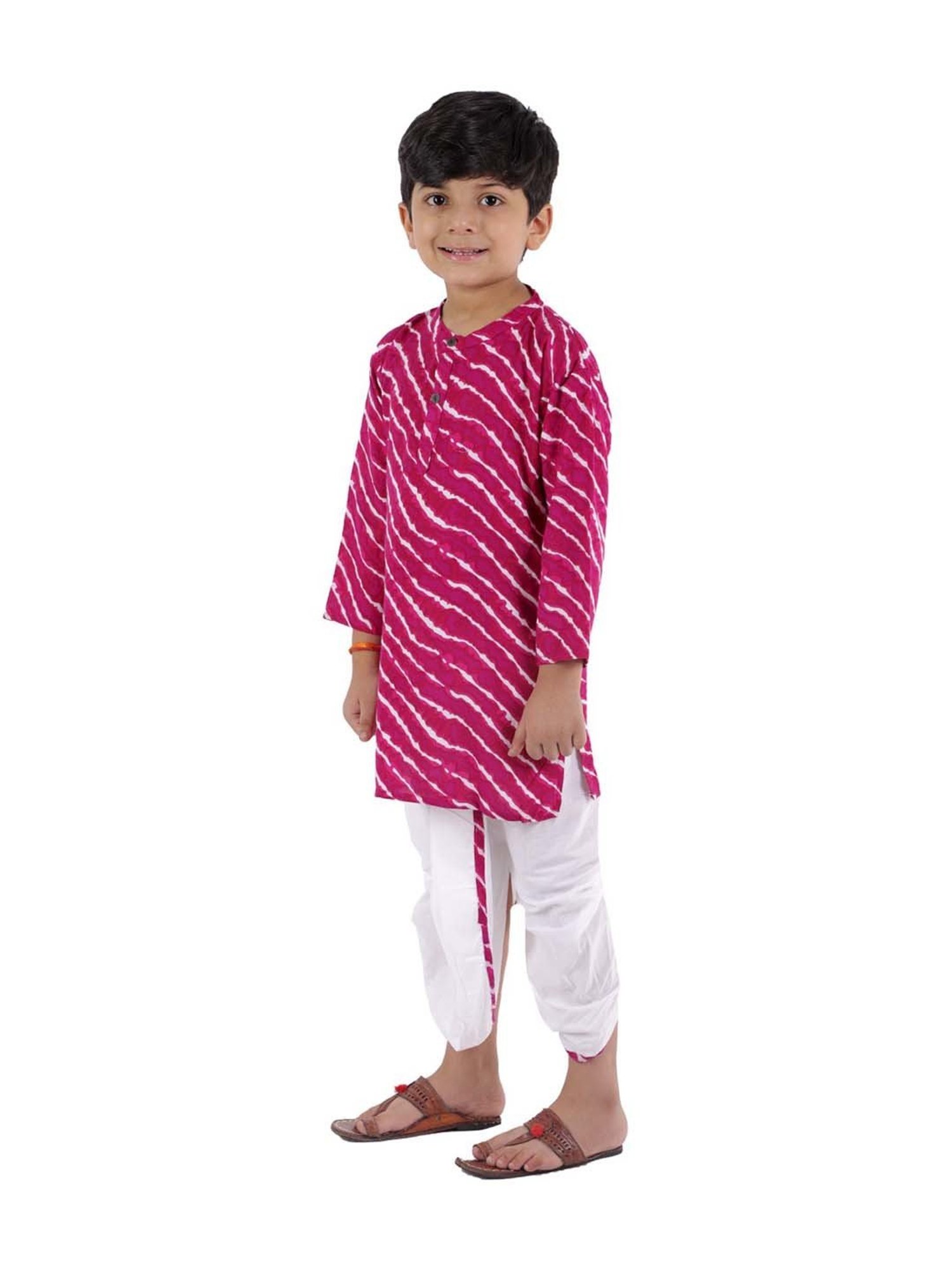 Ahhaaaa Kids Pink & White Cotton Striped Kurta Set