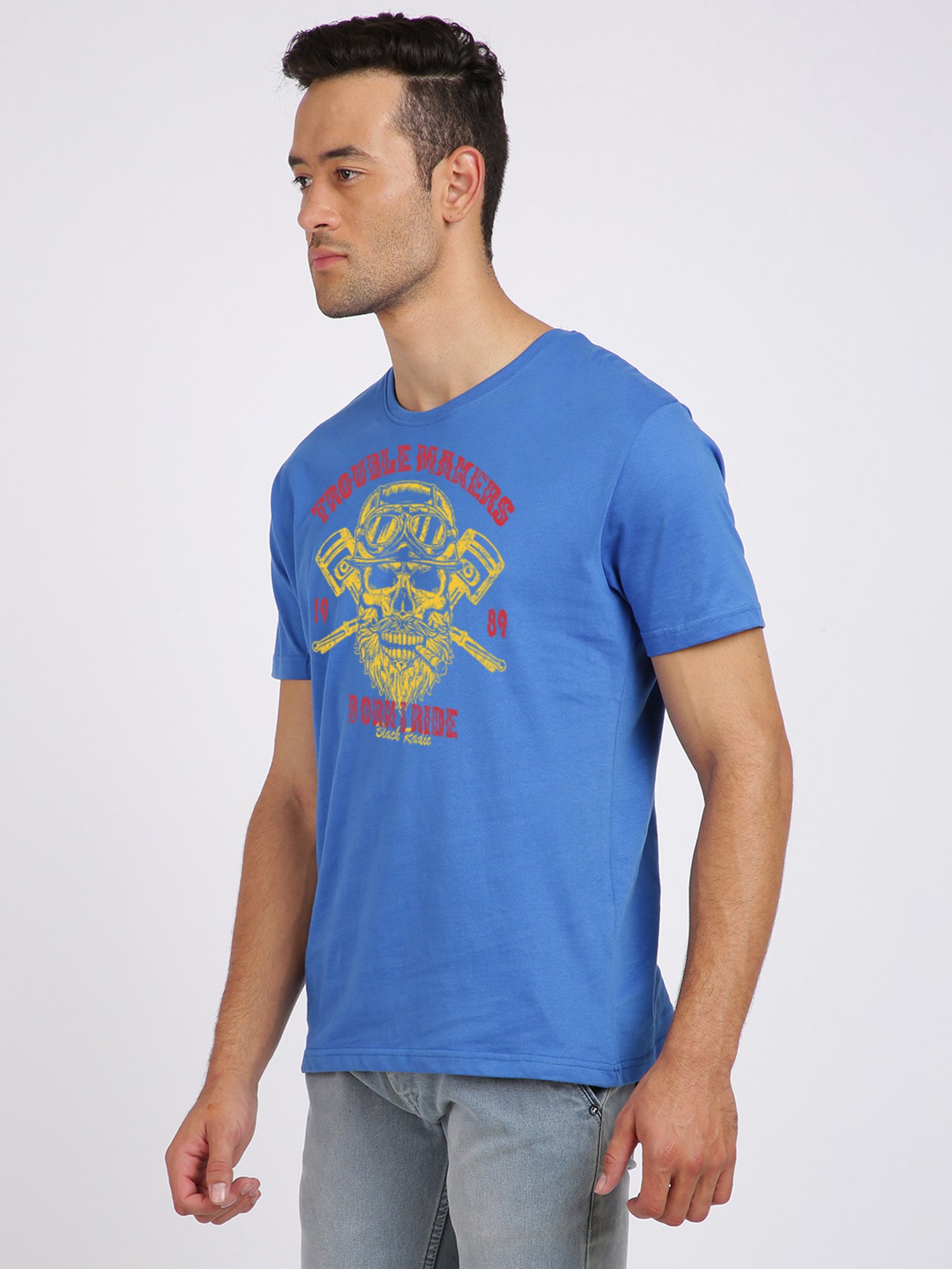 BLACK RADIO Royal Blue Slim Fit Printed Cotton Crew T-Shirt