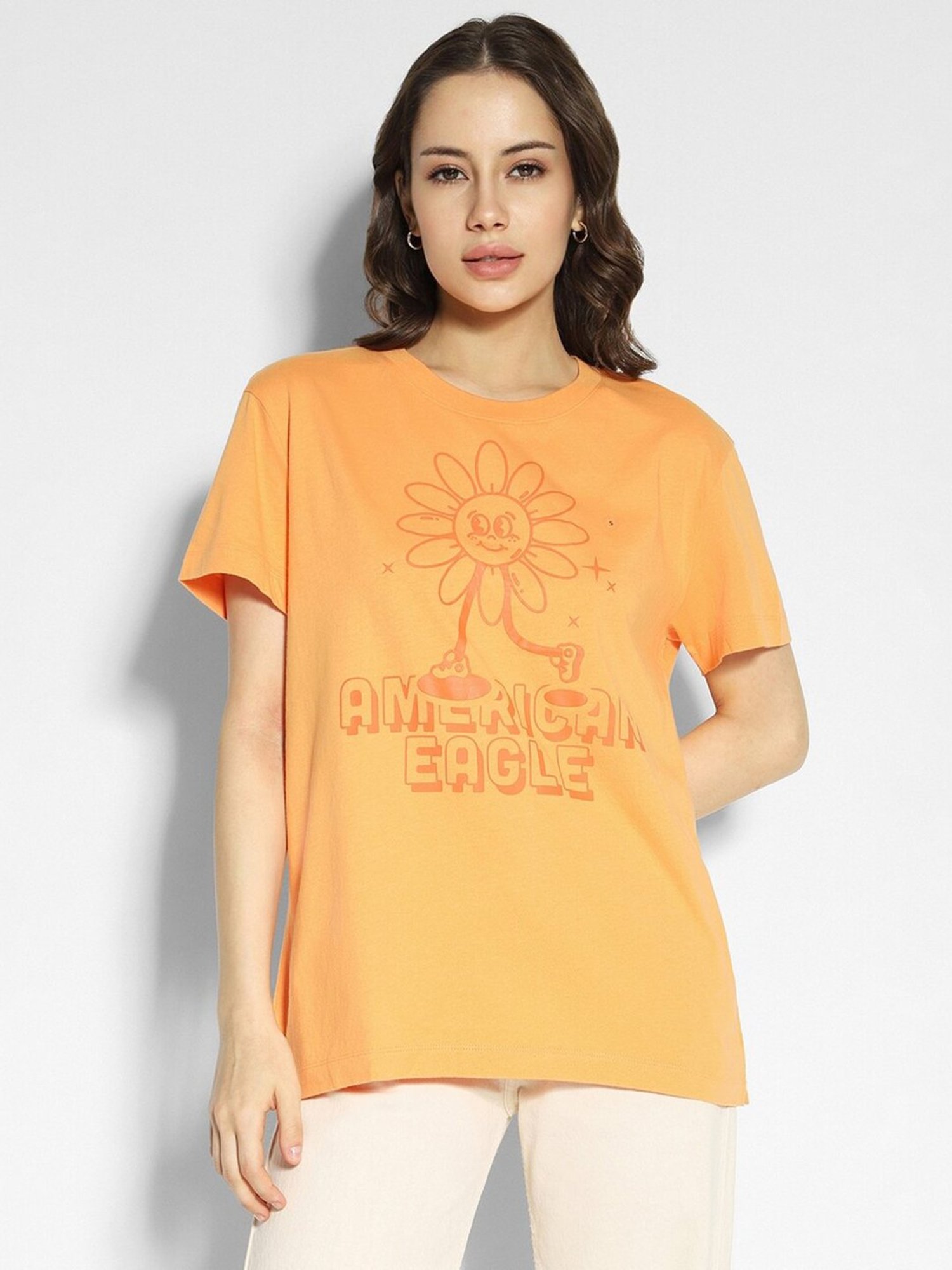American Eagle Outfitters Orange Cotton Graphic Print Oversized T-Shirt
