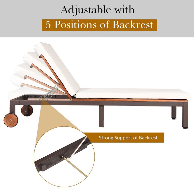 Costway 2PCS Patio Acacia Wood Lounge Chair Chaise Recliner Adjustable Backrest Cushion