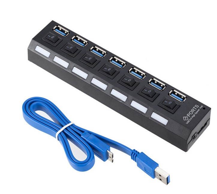 Black 7ports 7-Port USB 3.0 Hub with US Power Adapter with Independent Switches for pc laptop
