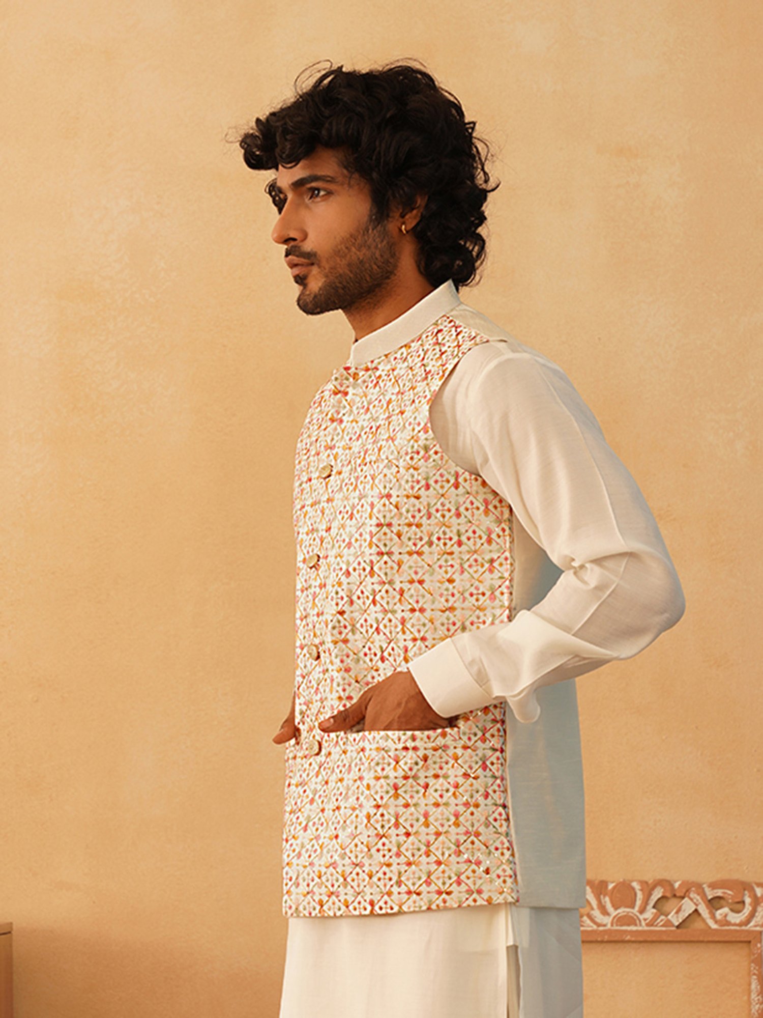 Jompers Multi Silk Blend Regular fit Embroidery Nehru Jackets