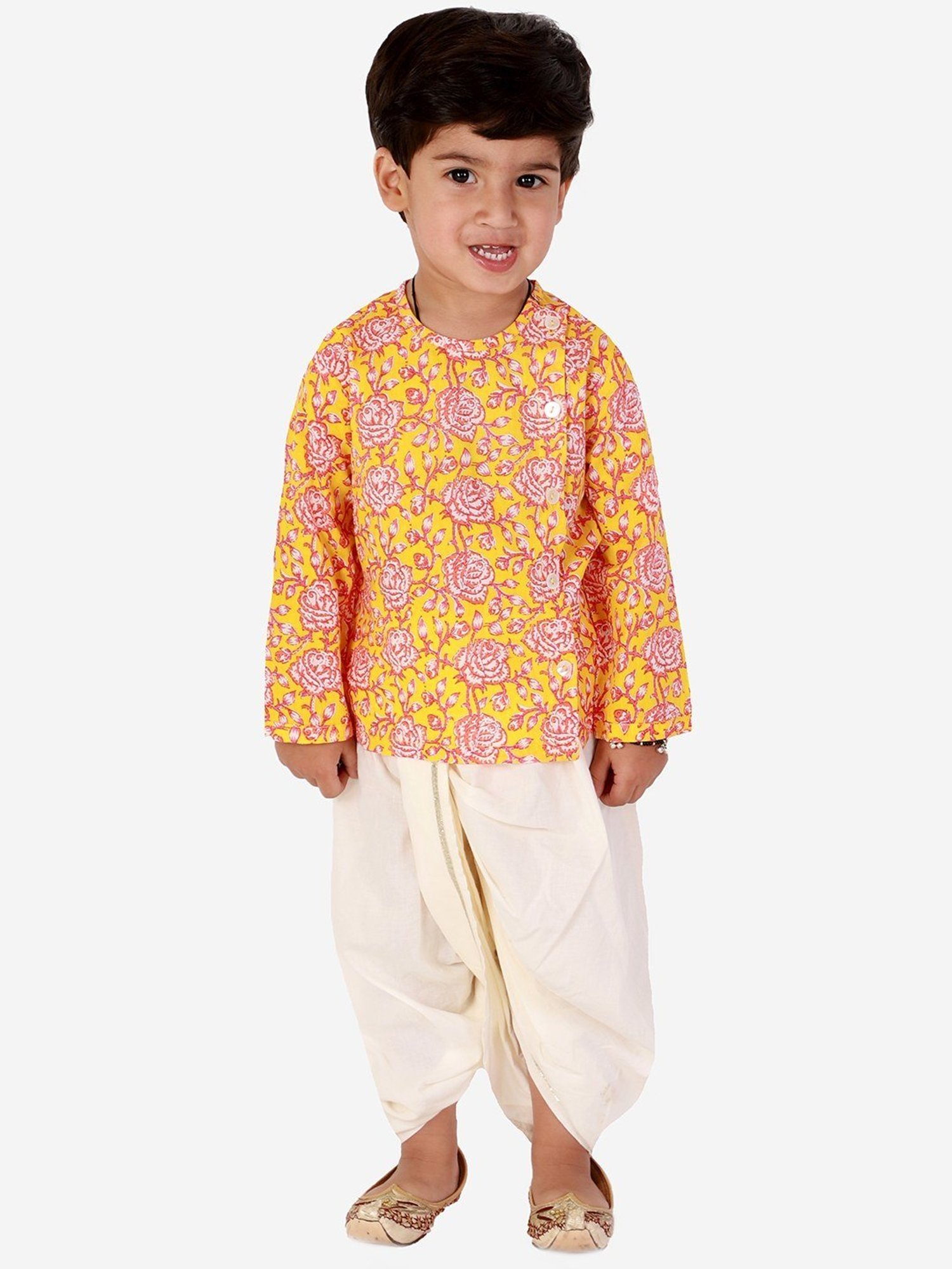 Lil Drama Kids Yellow & White Cotton Printed Full Sleeves Kurta Set