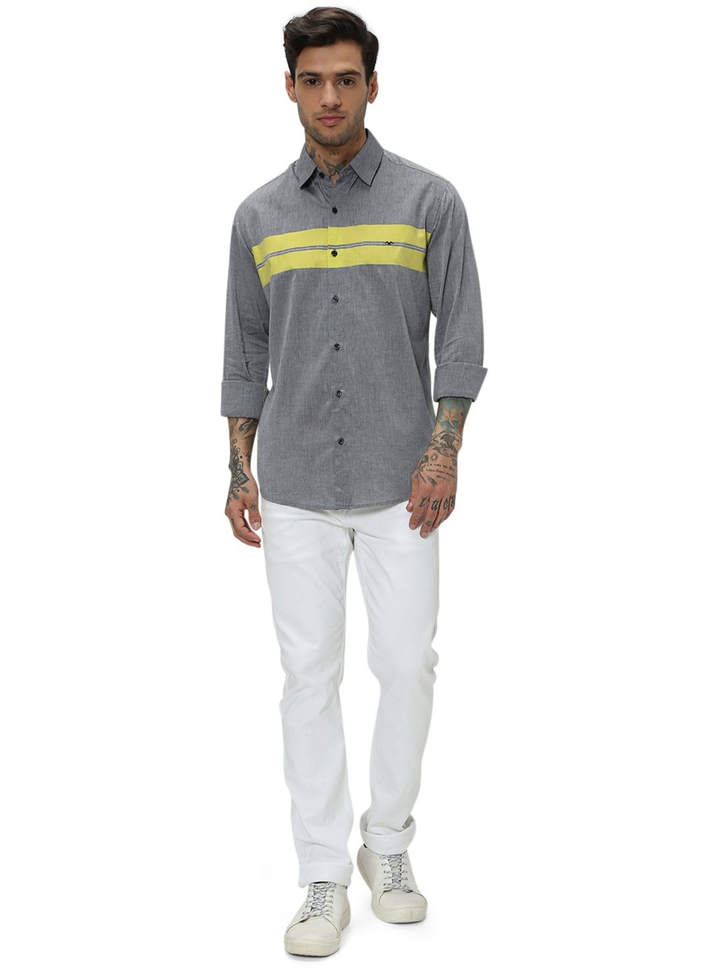 Mufti Grey Slim Fit Striped Cotton Shirt