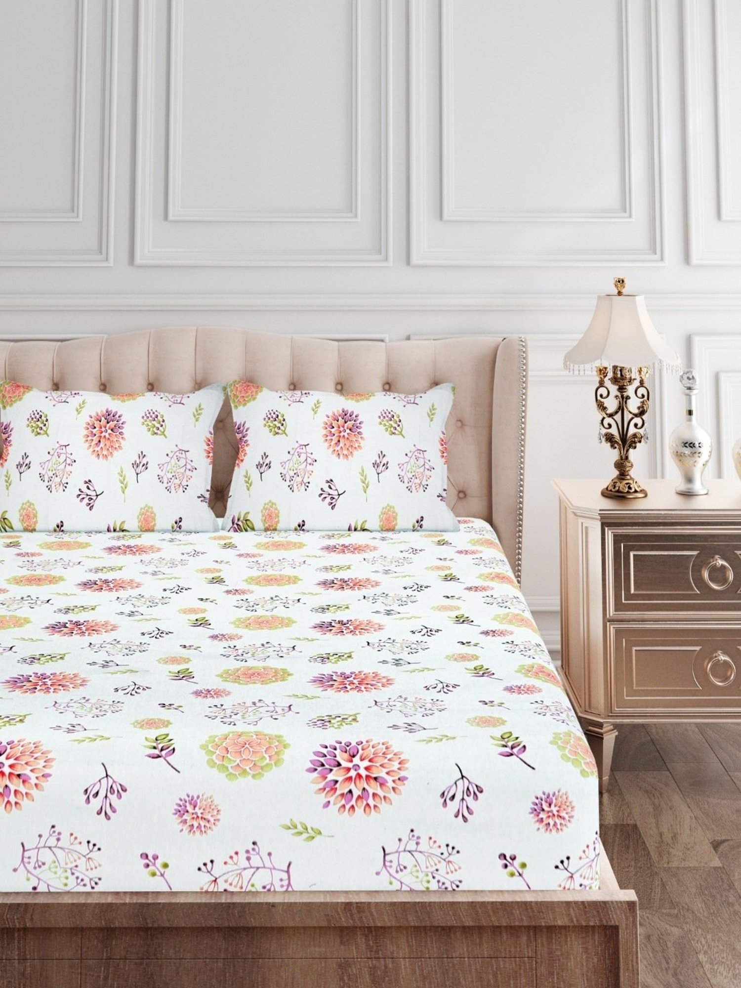 SEJ by Nisha Gupta Floral Pink 144 TC Cotton Double Bed Sheet with 2 Pillow Covers