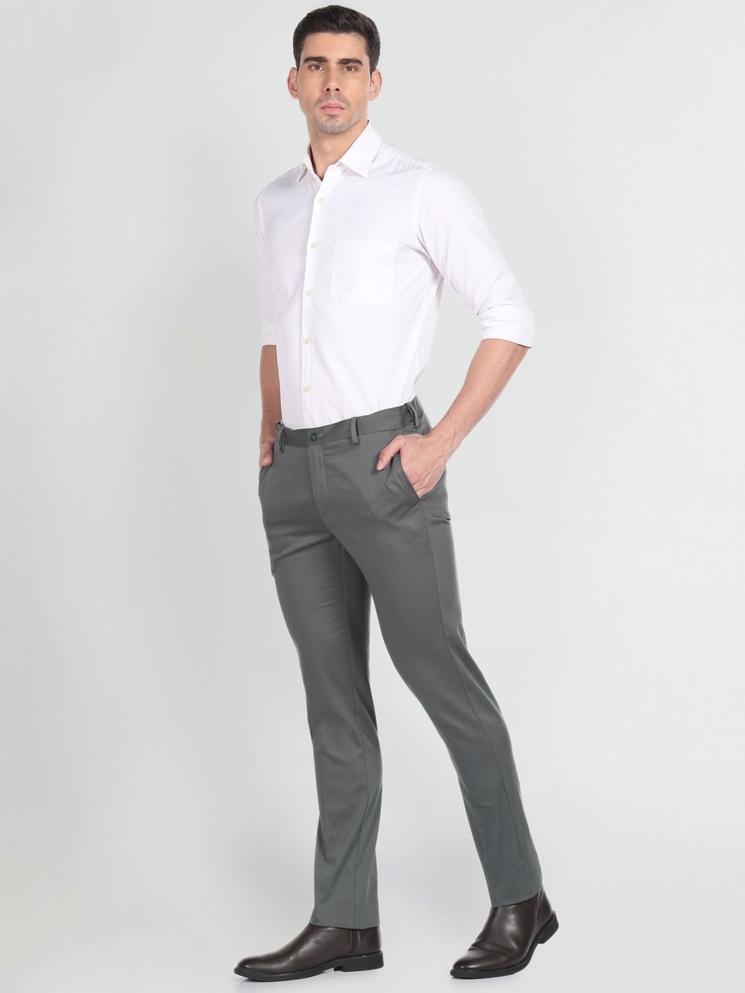 Arrow Green Cotton Slim Fit Trousers