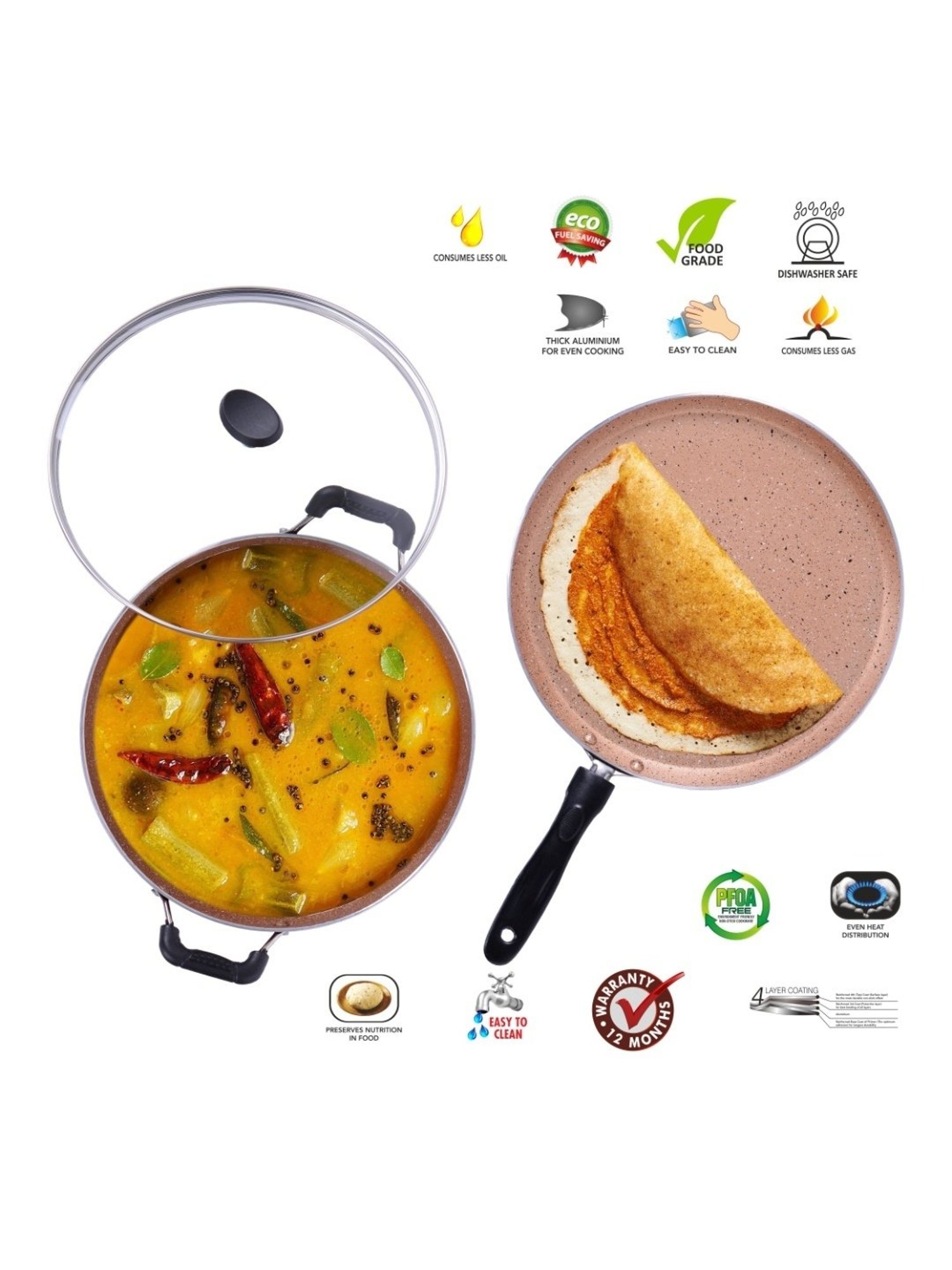 Sumeet Nonstick Granite Finish POPULAR 2pc Combo set (Dosa Tawa+ Kadhai With Glass Lid-2.5 Ltr)