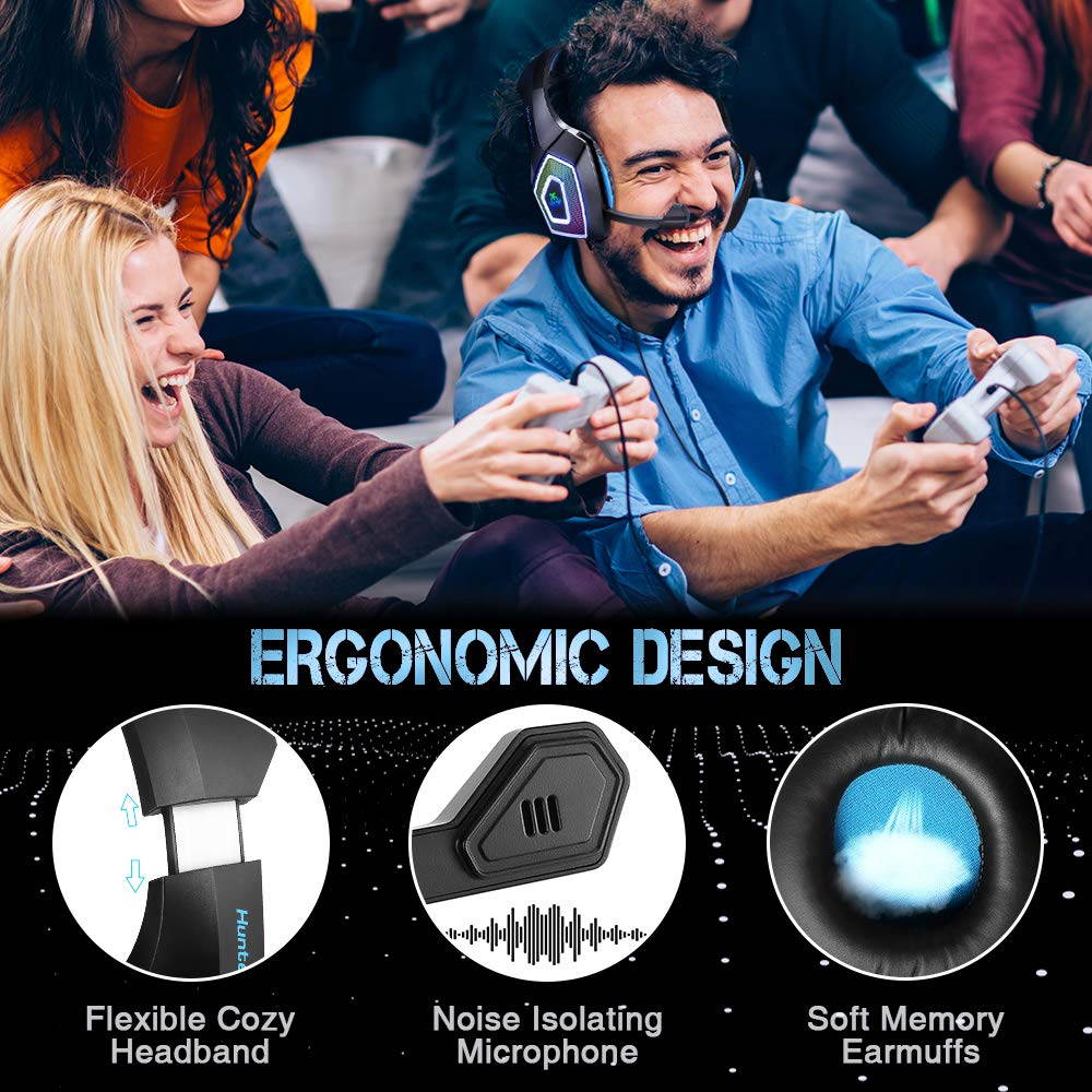 HUNTERSPIDER V1 Gaming Headset with Mic for Xbox One PS4 PC Switch Tablet Smartphone, Headphones Stereo Over Ear Bass 3.5mm Microphone Noise Canceling 7 LED Light Soft Memory Earmuffs(Free Adapter)