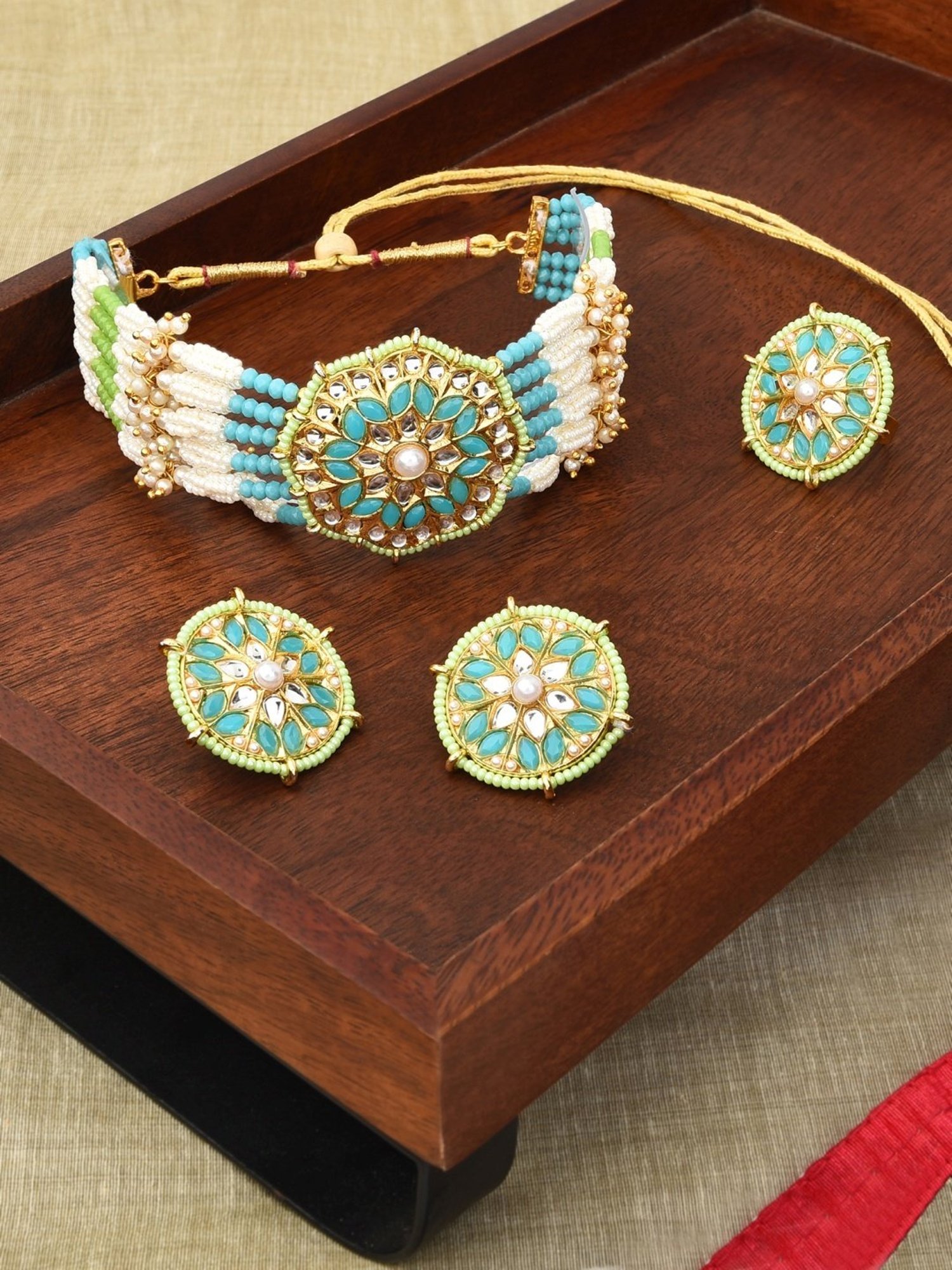 Zaveri Pearls Turquoise Blue & Green Beads Kundan Pearls Choker Necklace Earring Ring Set-ZPFK11070