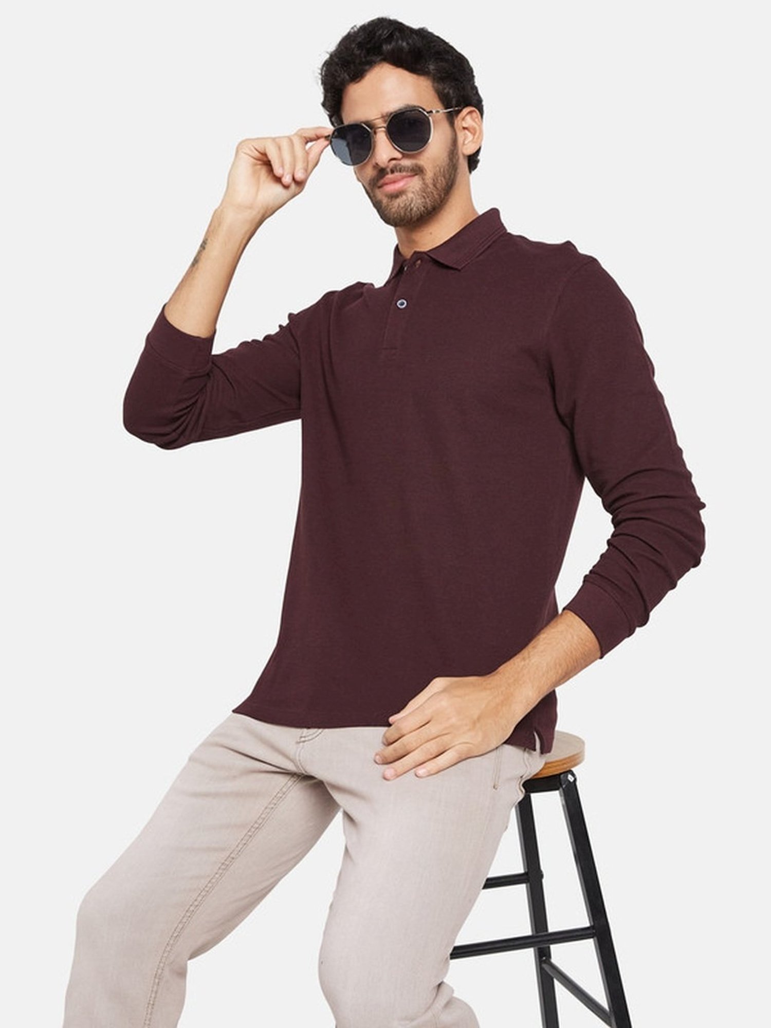 METTLE Wine Cotton Regular Fit Polo T-Shirt