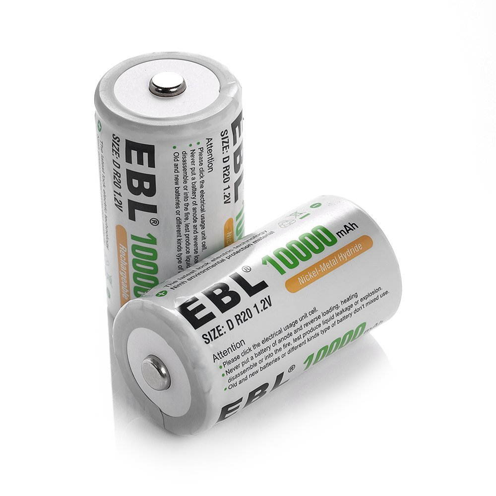 EBL 2 Pack D Size 10,000mAh High Capacity Ni-MH Rechargeable Batteries