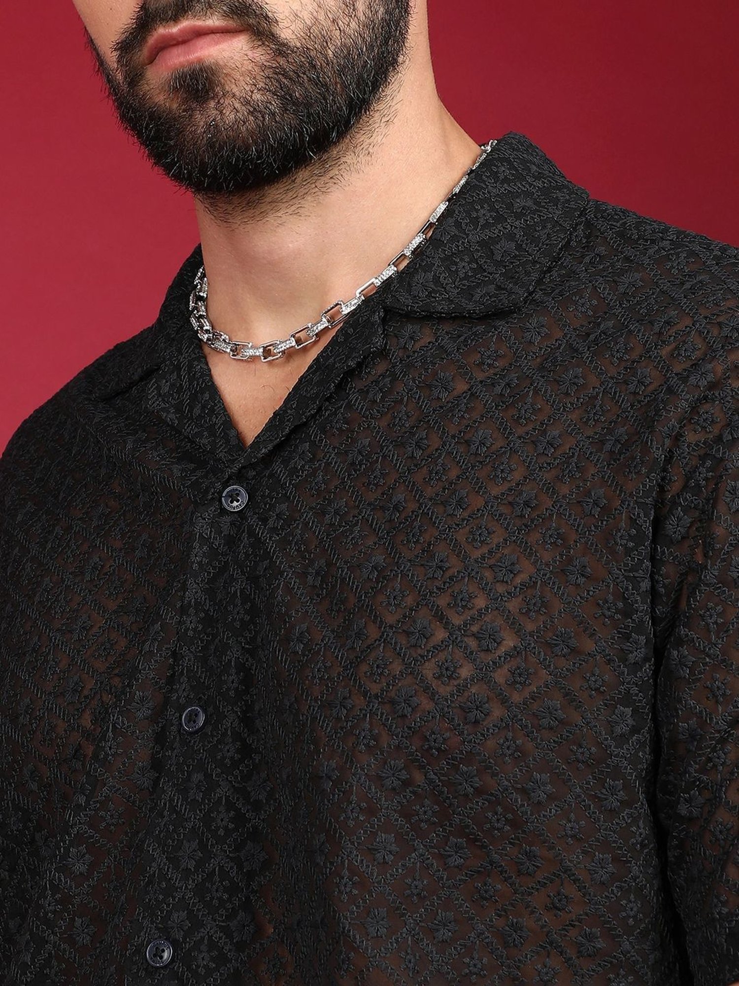 Campus Sutra Black Regular Fit Embroidered Shirt