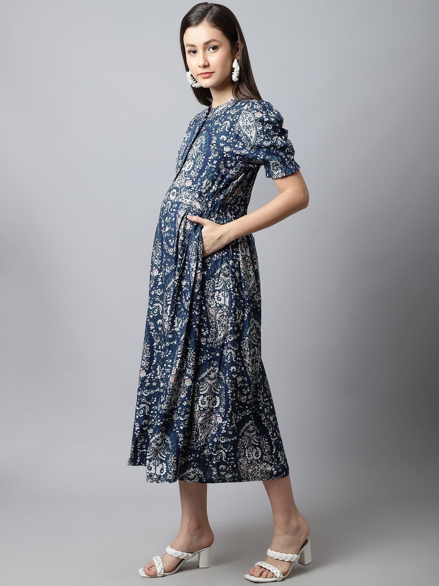 Moms Maternity Blue Printed Dress