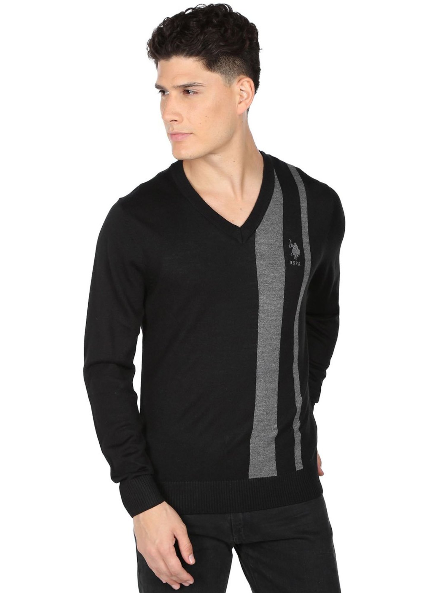 U.S. Polo Assn. Black Regular Fit Striped Sweaters