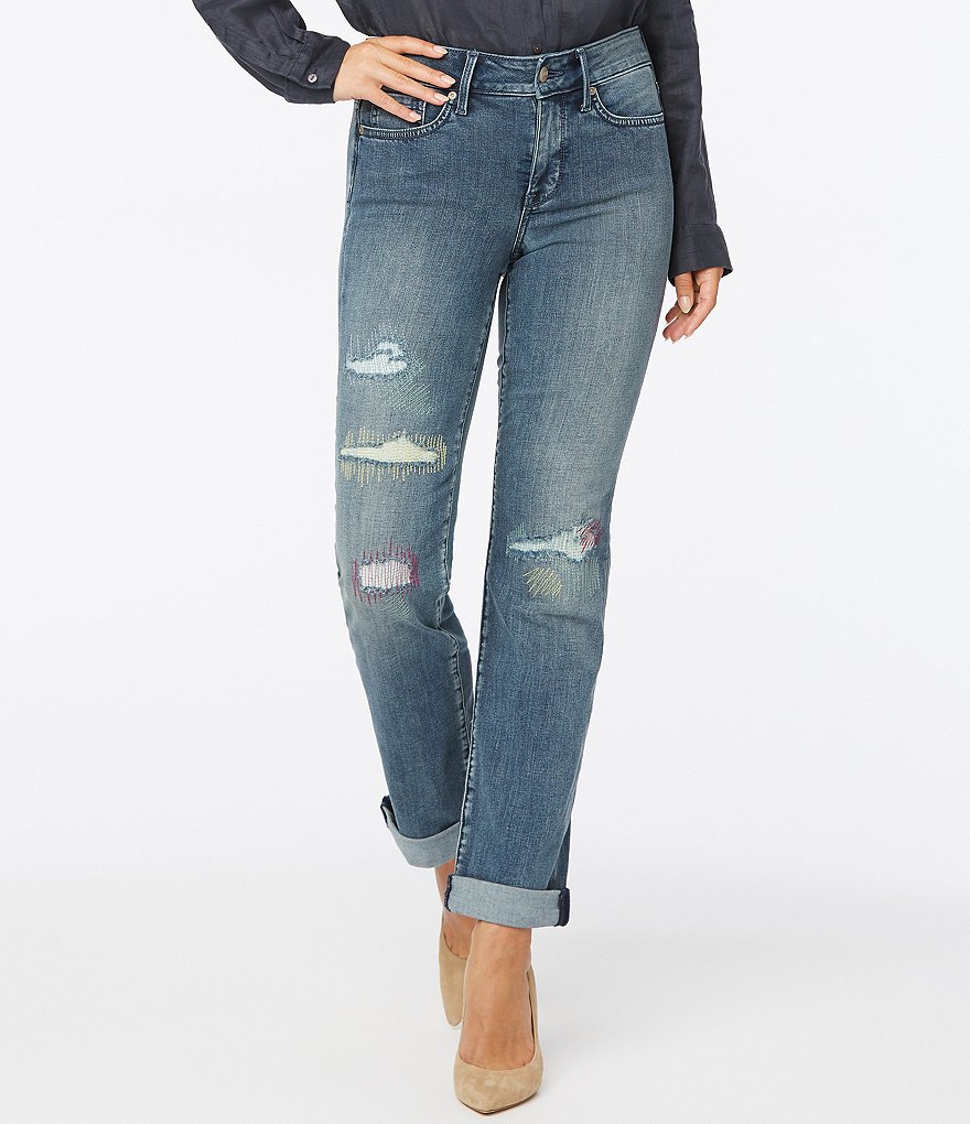 NYDJ Marilyn Destruction Detail Straight Leg Roll-Cuff Jeans