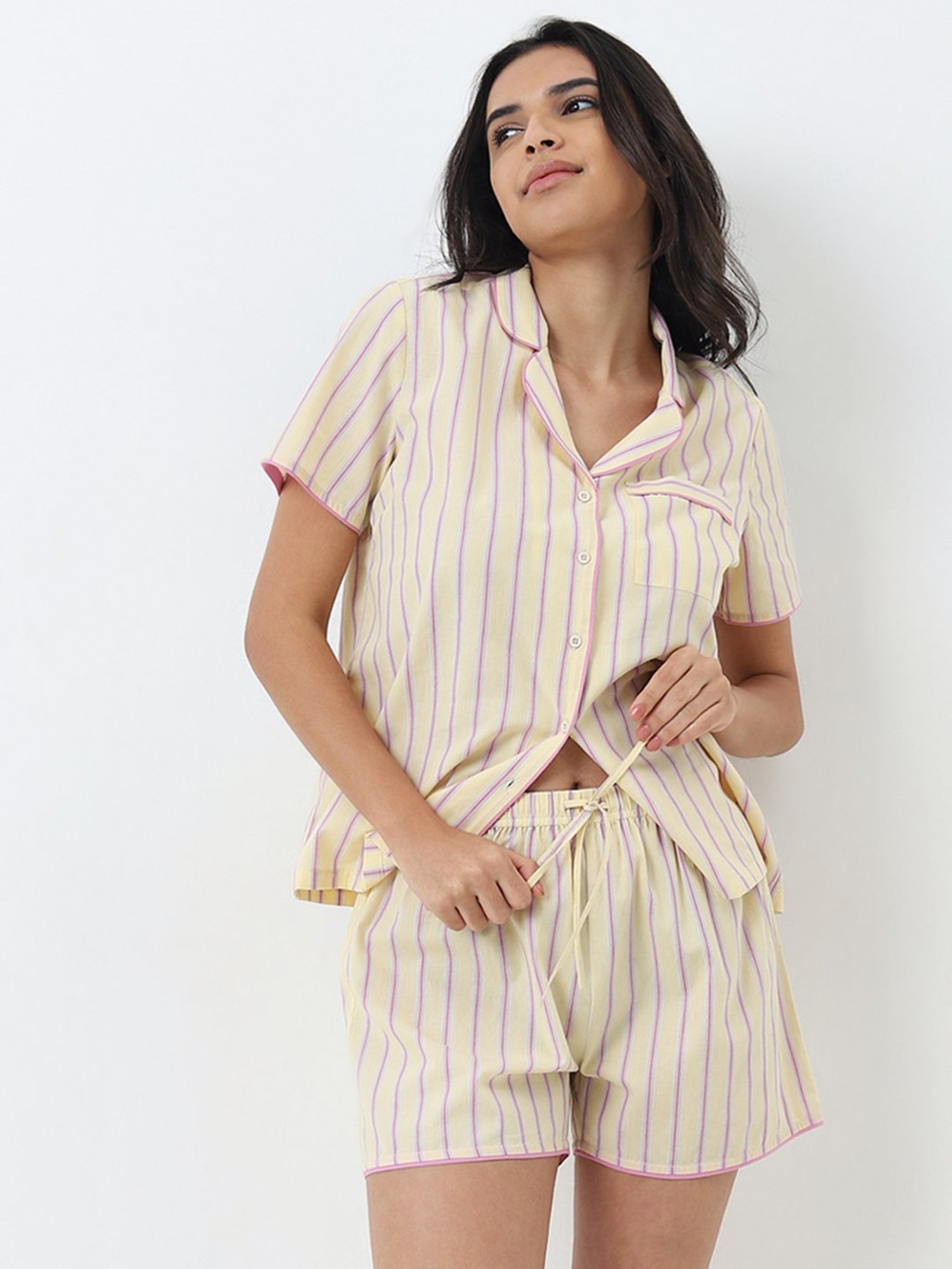 Wunderlove by Westside Light Yellow Cotton Shirt & High-Rise Shorts Set