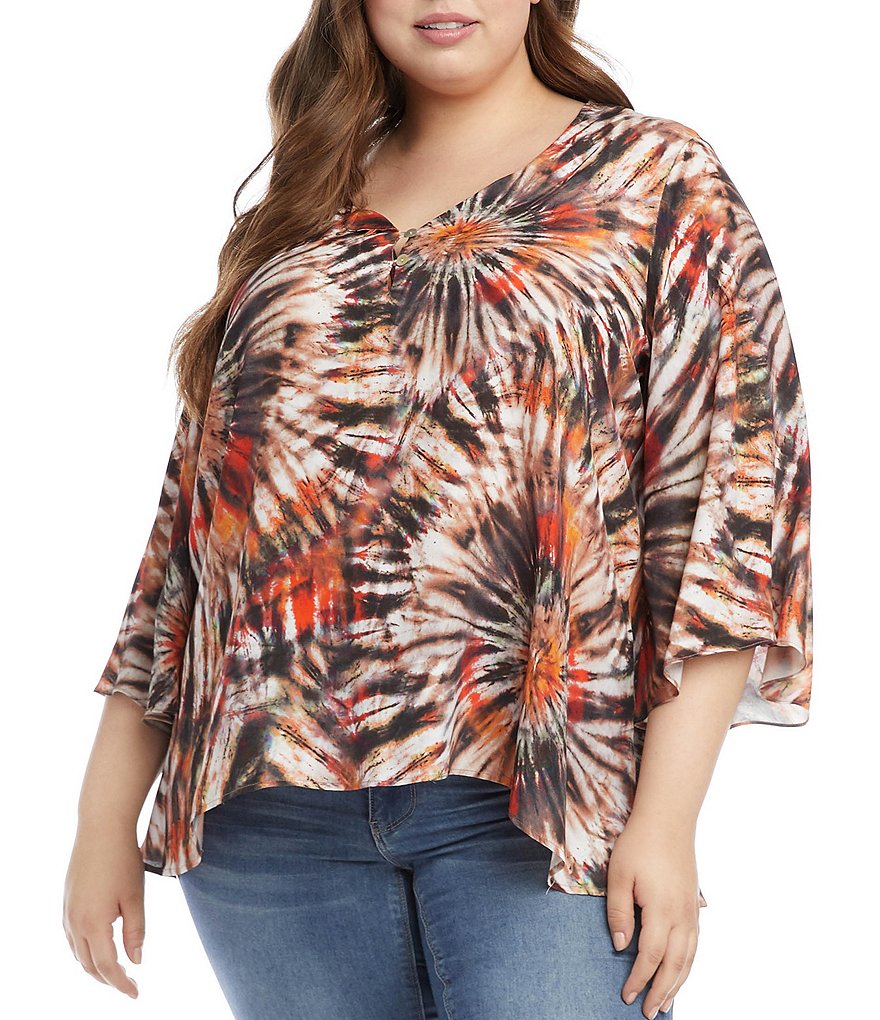 Karen Kane Plus Size Tie Dye Split Round Neck 3/4 Flare Sleeve Handkerchief Hem Top