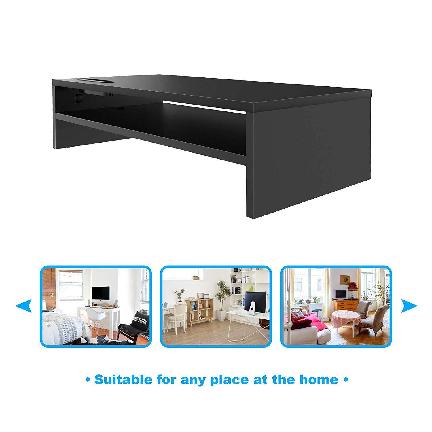 1homefurnit Wood Monitor Stand Riser Desk Storage Organizer, Speaker TV Laptop Printer Stand with Cellphone Holder and Cable Management, 21.3 inch 2 Tiers Shelves Black