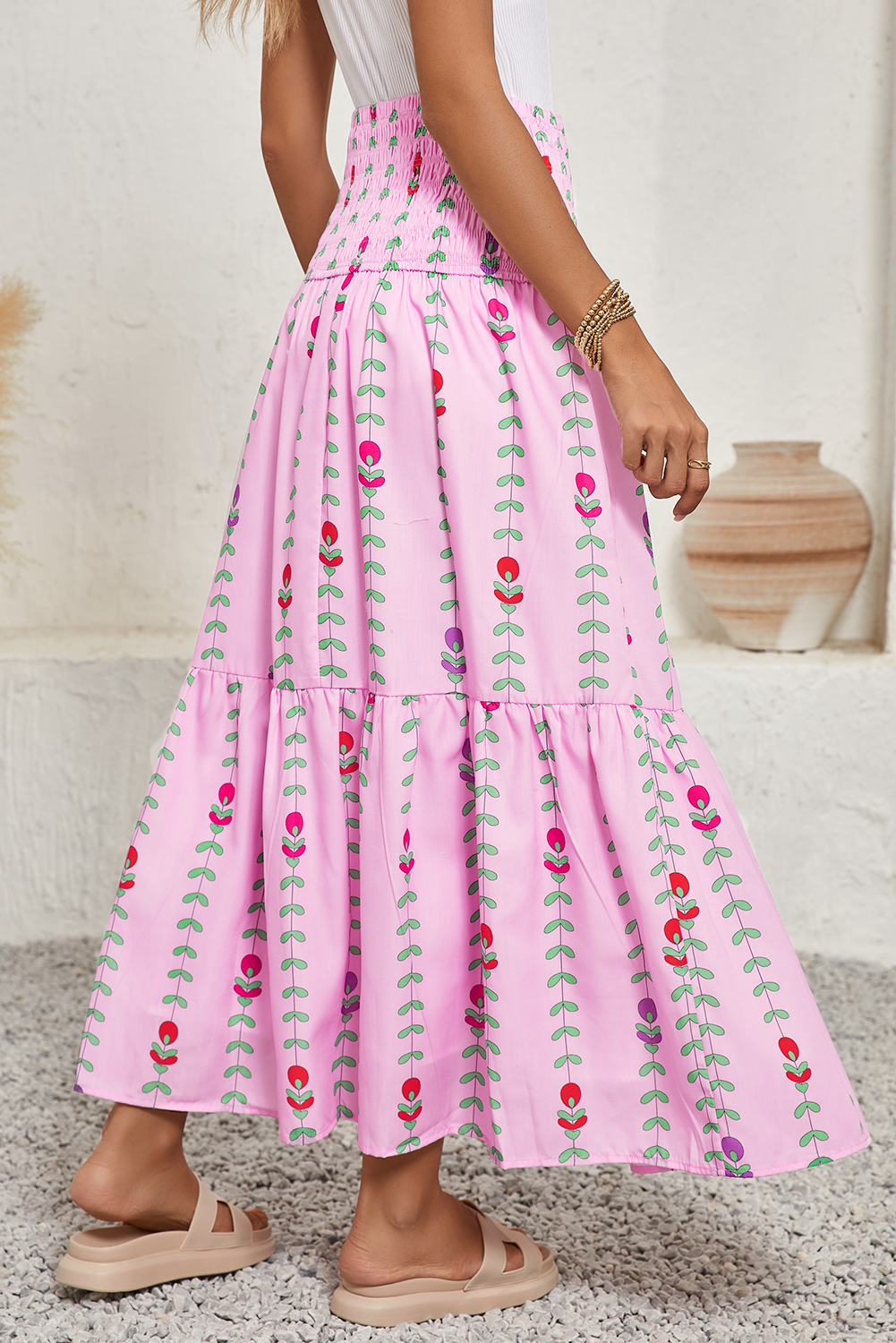 I.N. Studio Romantic Ditsy Floral Print Pucker Knit Tiered Midi Skirt