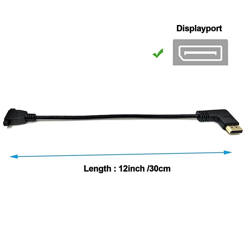 DP to DP Cable 12inch 30cm Left Angle 90 Degree Displayport DP Male to DisplayPort DP Female with Screw Hole Panel Mount for Audio and Video Extension Cable