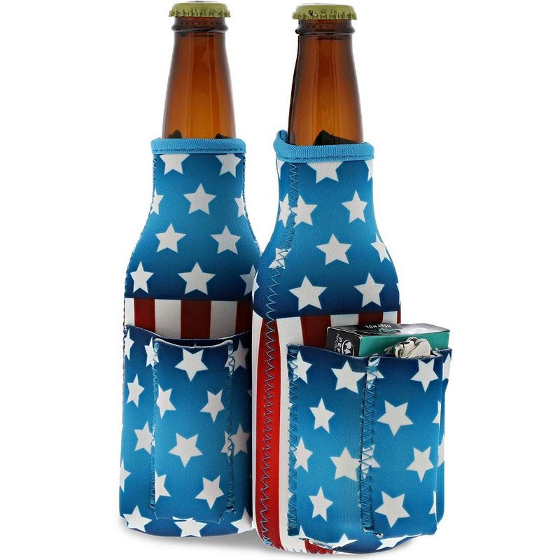 Juvale 2-Pack Patriotic Beer Bottle Cooler Sleeves with Attached Cigarette & Lighter Holder, USA Stars & Stripes Flag Design, Fits 12 oz Bottles