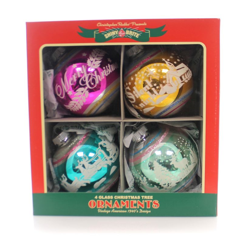 Shiny Brite 4.0" Vintage Celebration Flocked . Christmas Ornament Rounds Balls  -  Tree Ornaments
