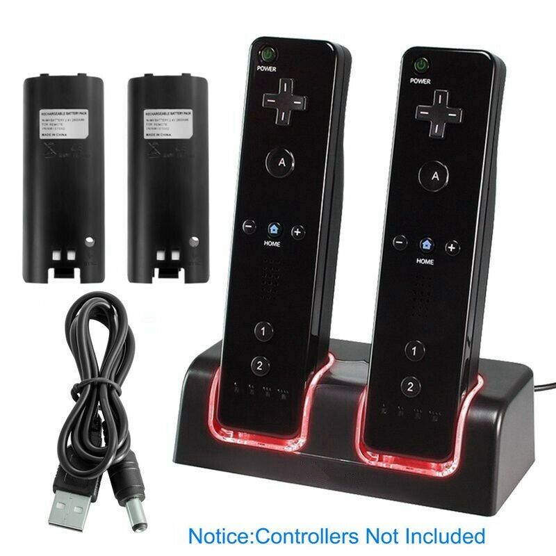 Dual Charger Charging Dock Station with 2 Battery For Wii / Wii U Remote Black
