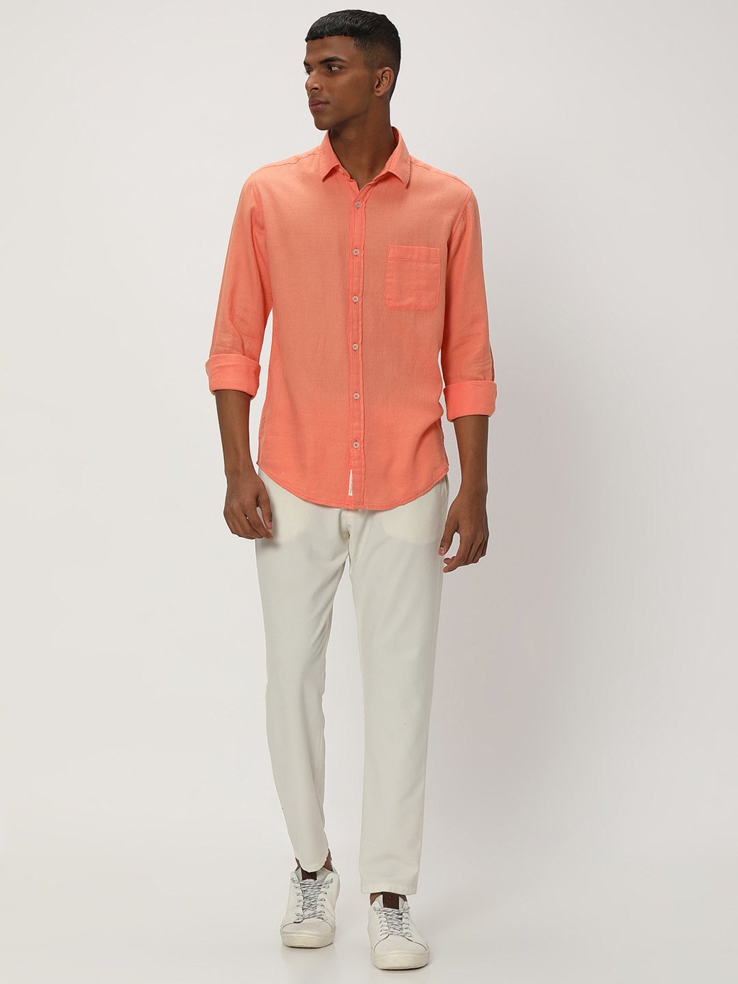 Mufti Orange Slim Fit Textured Cotton Linen Shirt