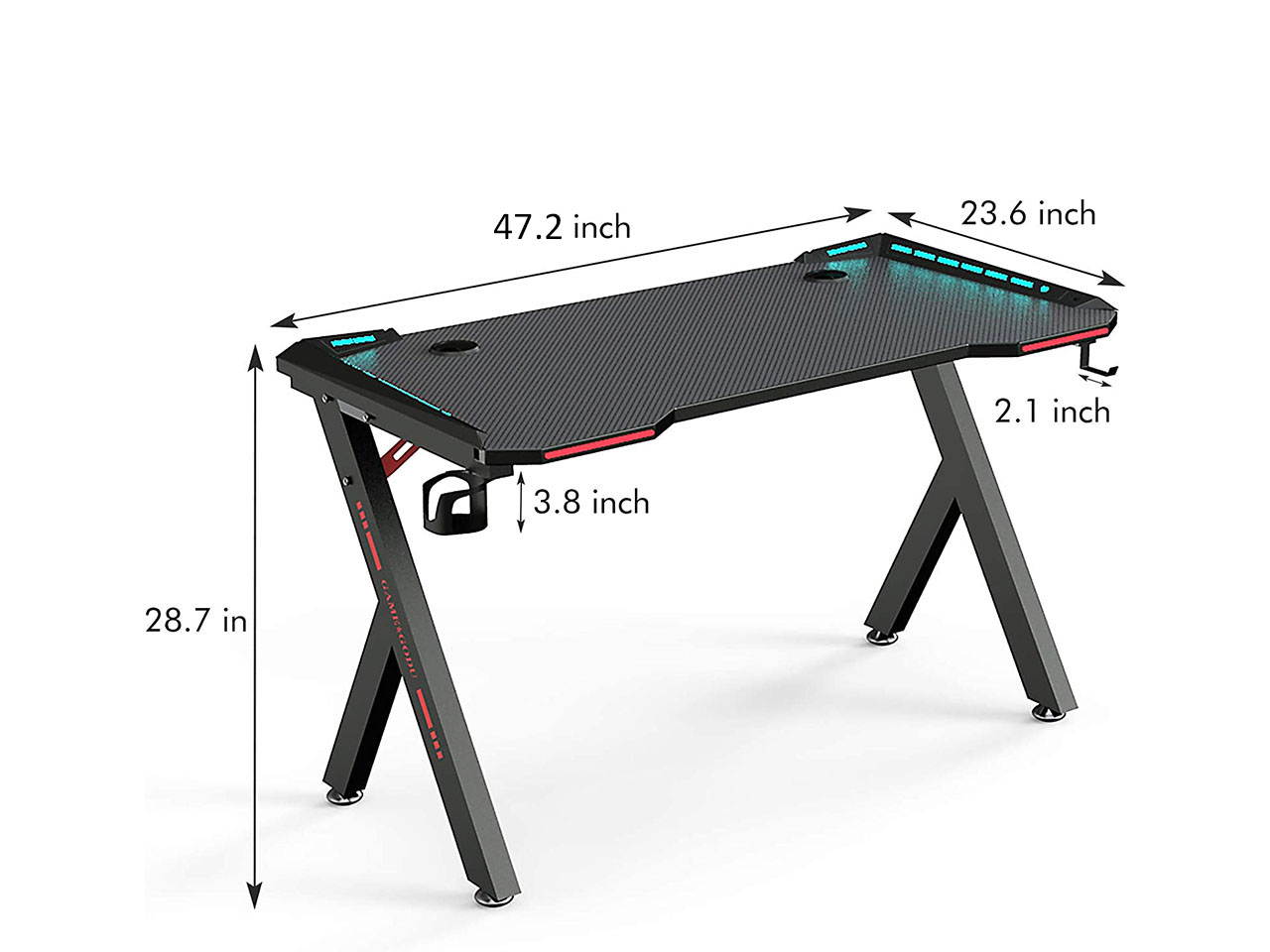 Gaming Desk, 55 Inch Gaming Table, PC Computer Workstation with LED RGB Lights, Headphone Hook and Cup Holder for Home, Black