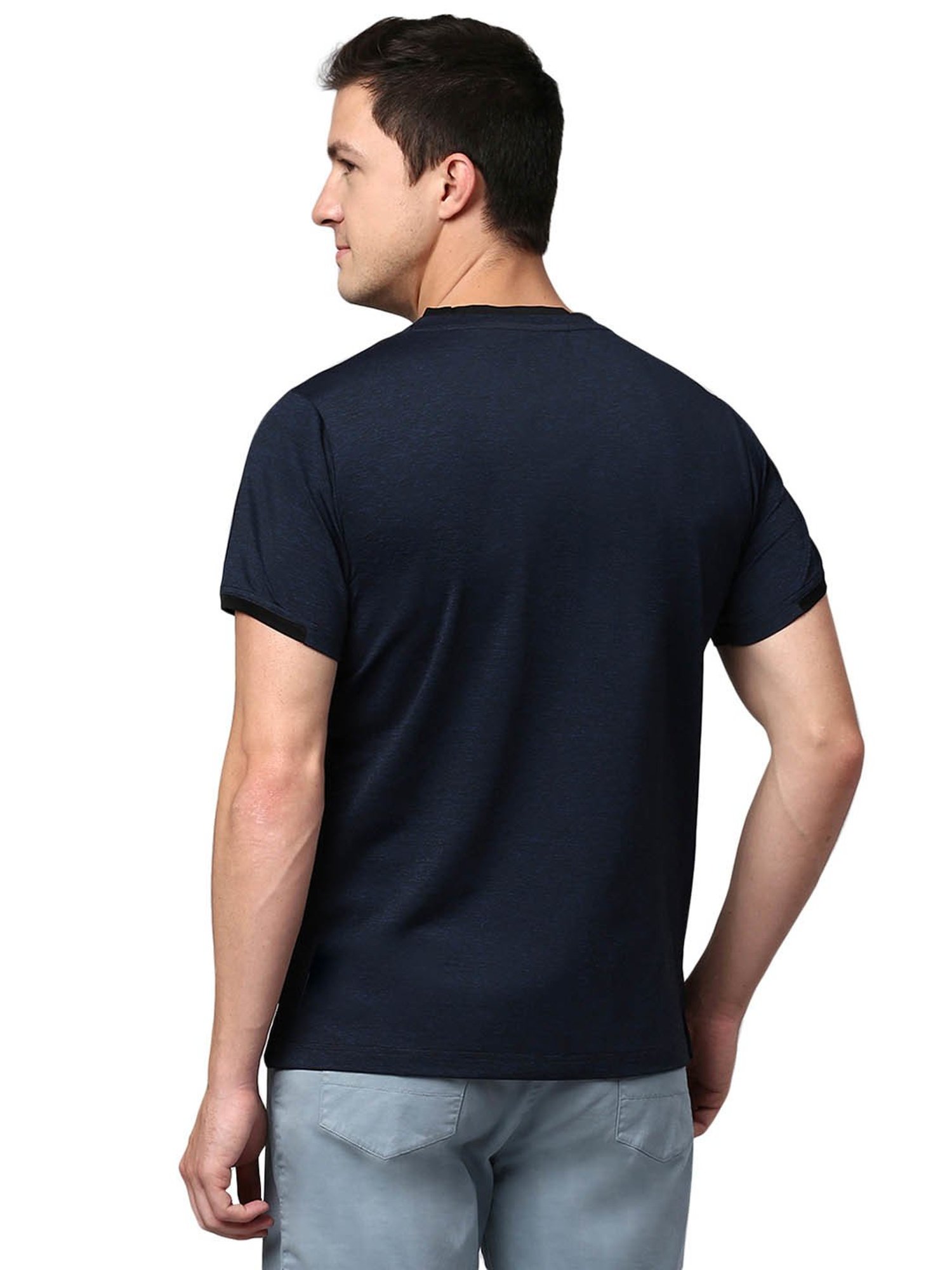Slowave Navy Regular Fit Self Design T-Shirt