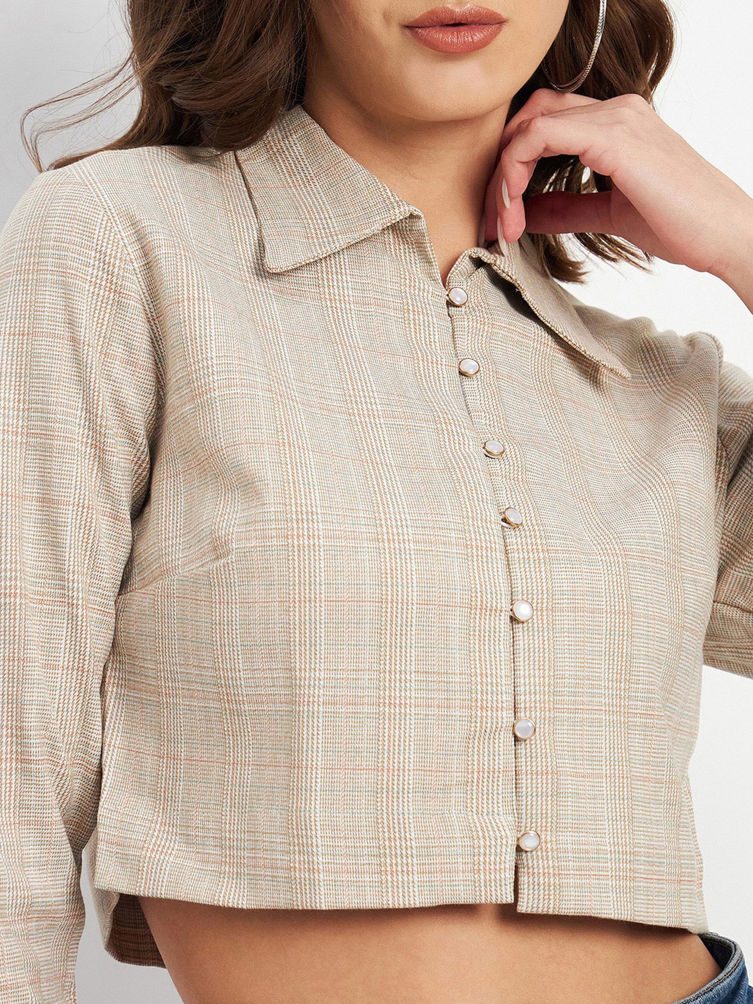 MADAME Beige Checks Crop Top