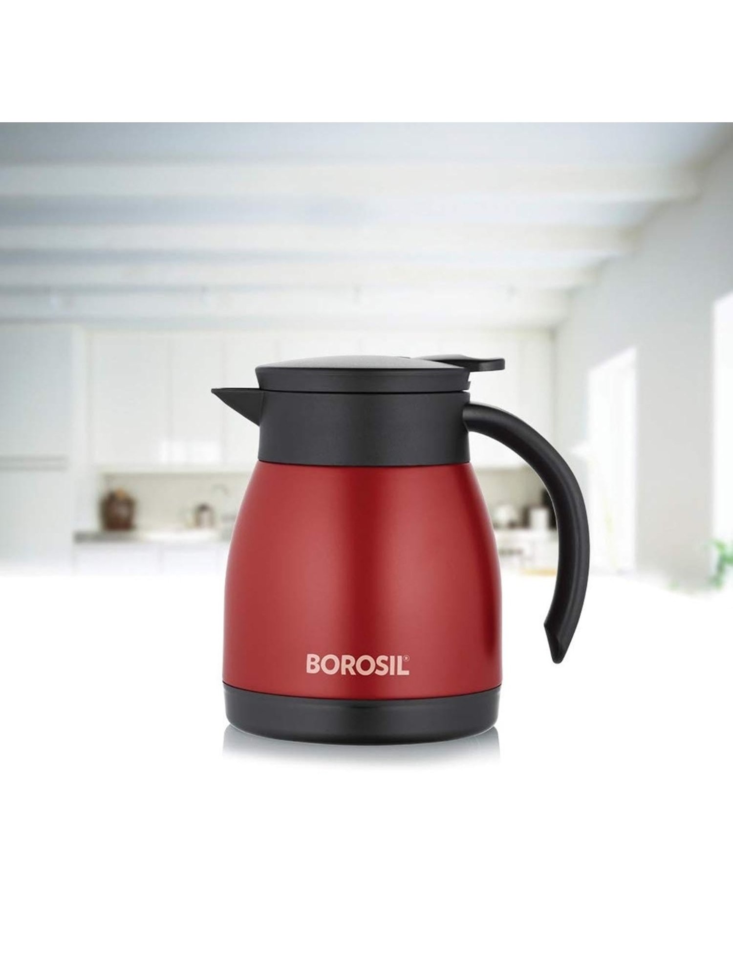 Borosil Red Stainless Steel Teapot with Handle & Double Wall Vacuum Insulated (500 ML)