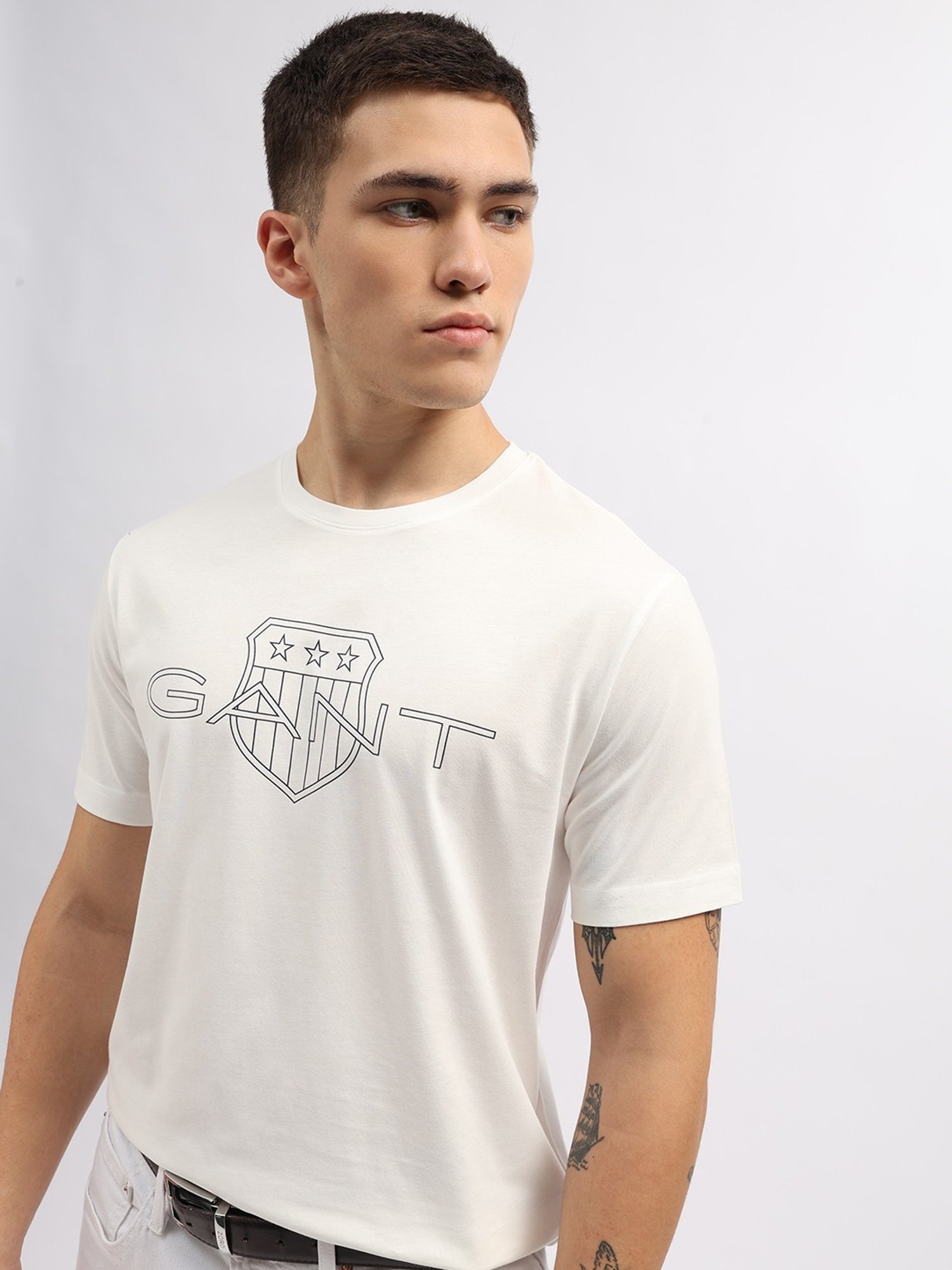 Gant Off White Cotton Regular Fit Logo Printed T-Shirt