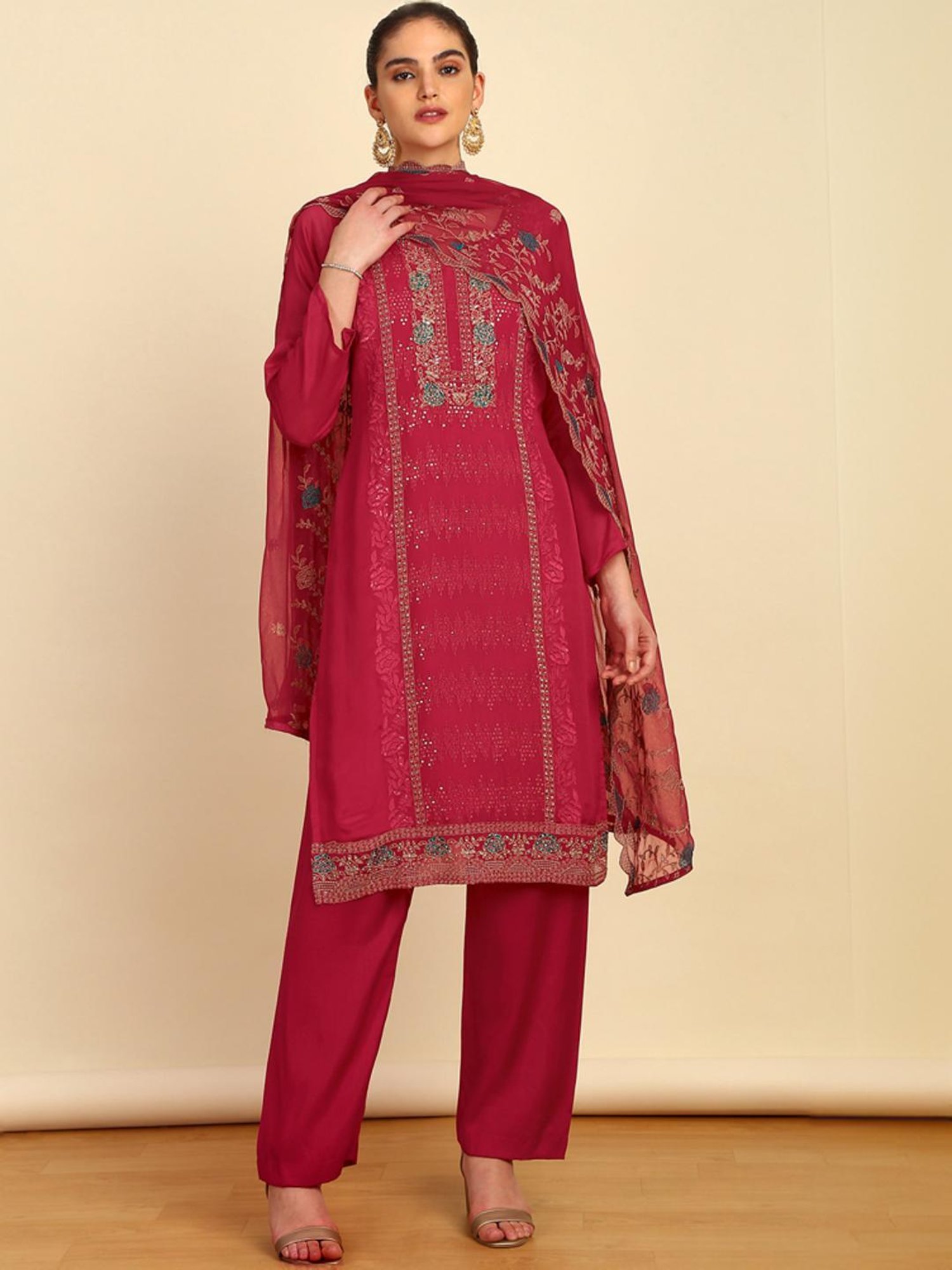 Soch Womens Magenta Crepe Unstitch Dress Material With Sequins