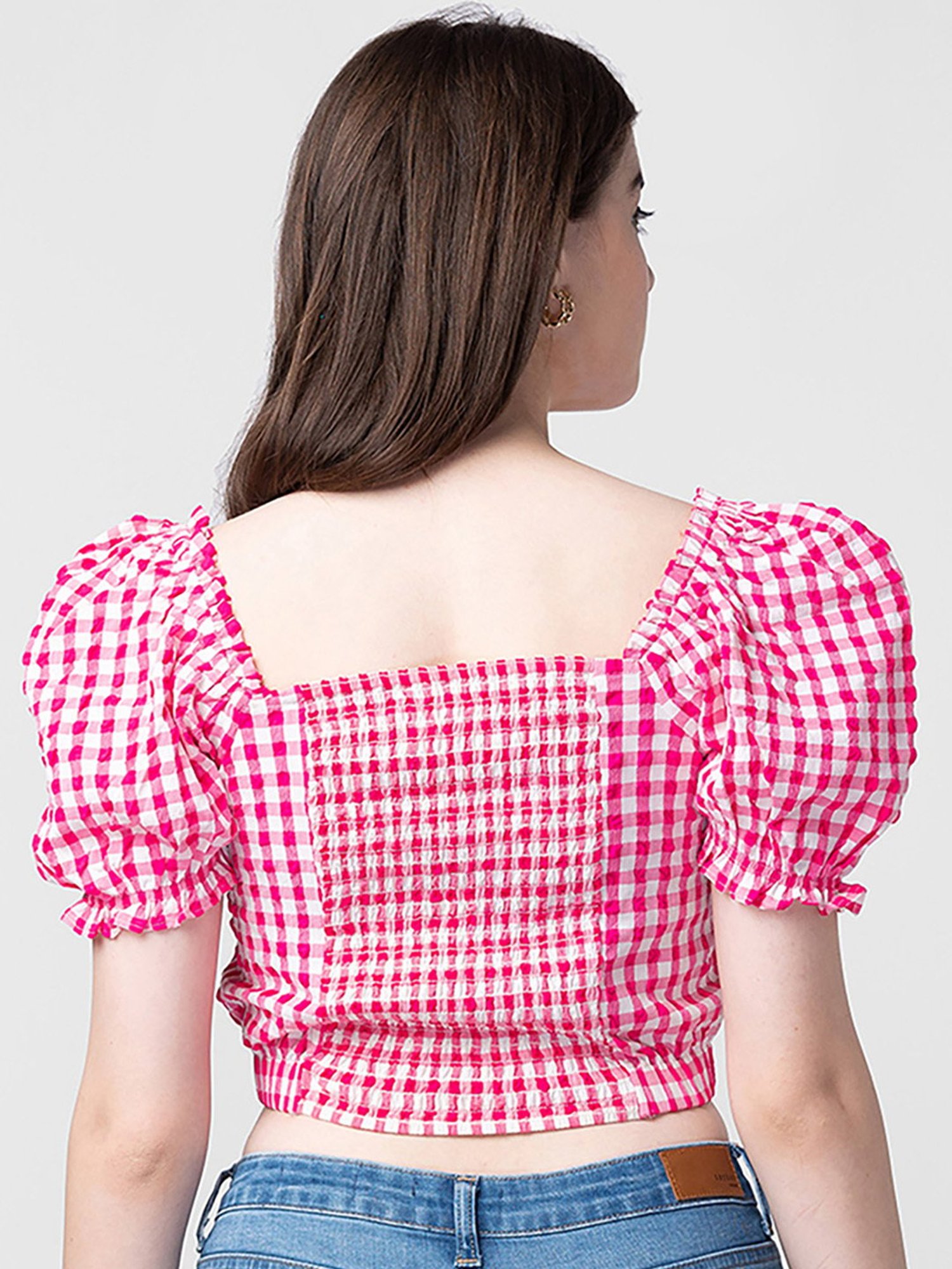 Spykar Pink Cotton Chequered Crop Top