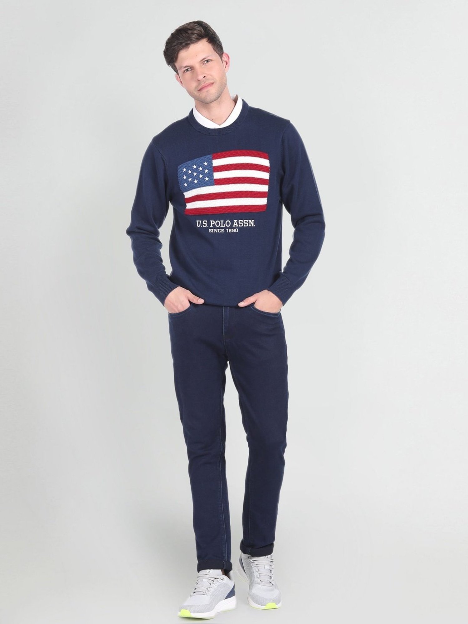 U.S. Polo Assn. Denim Co. Navy Cotton Regular Fit Self Pattern Sweater