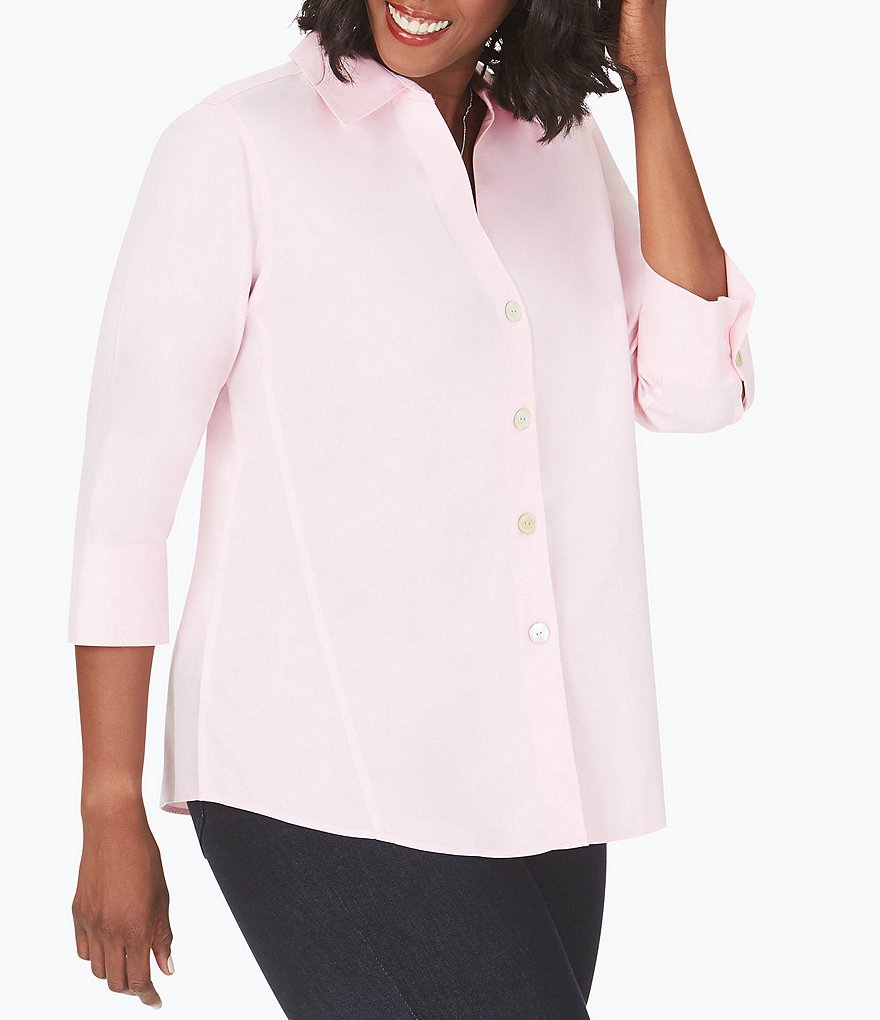 Foxcroft Plus Size Point Collar Neck 3/4 Sleeve Paityn Solid Shirt