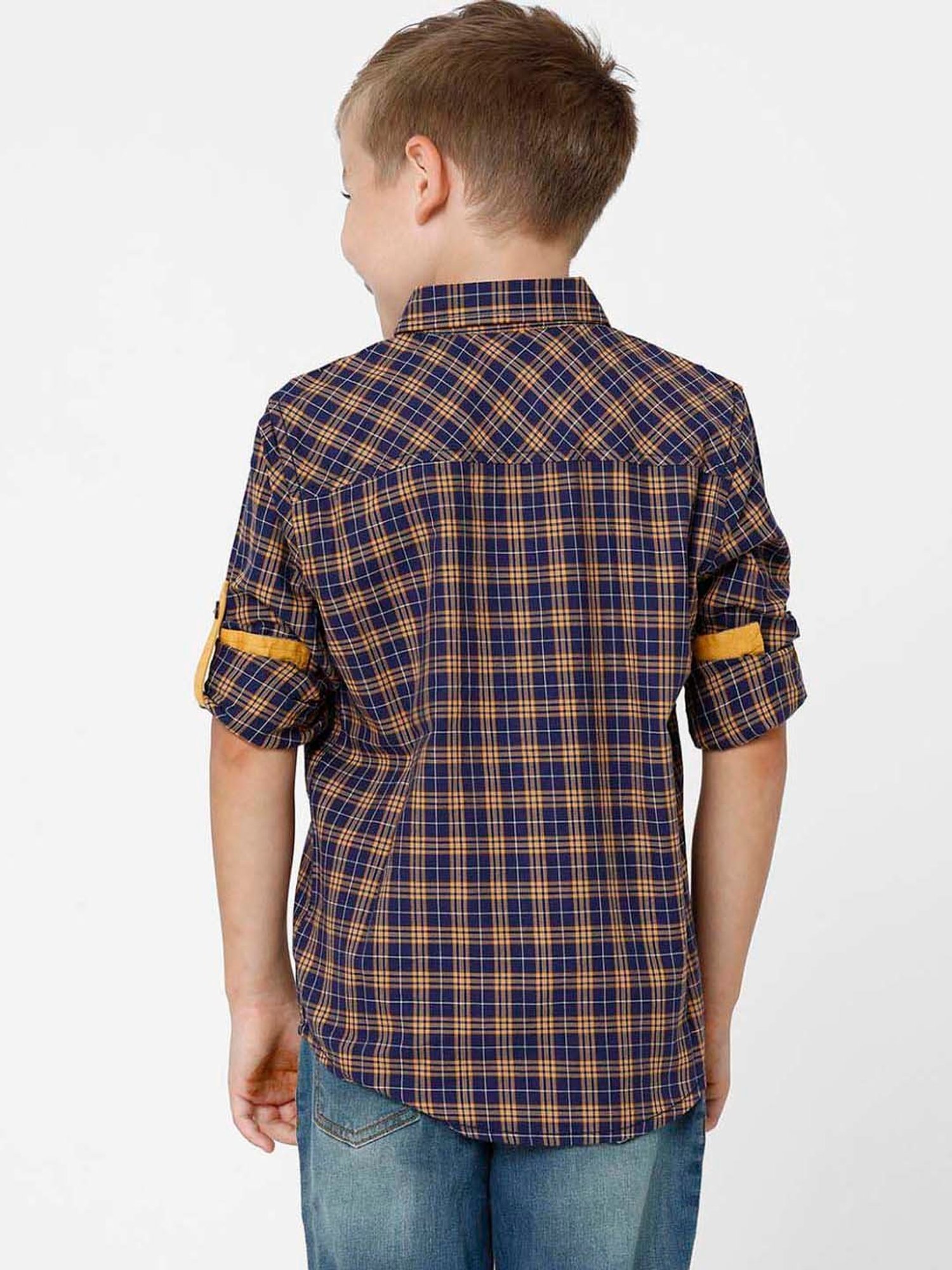 Kate & Oscar Kids Navy & Yellow Cotton Chequered Full Sleeves Shirt