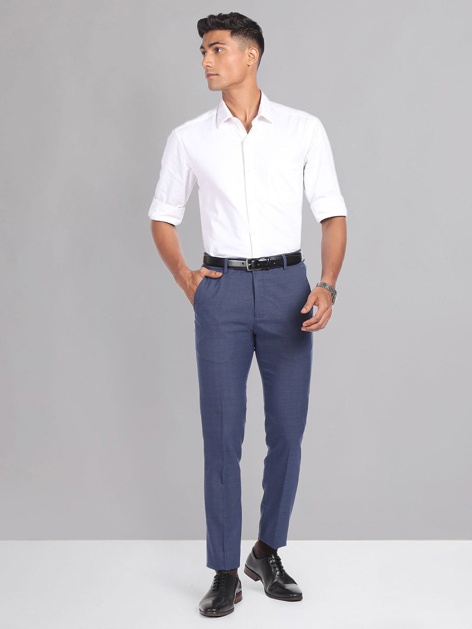 AD by Arvind Blue Slim Fit Check Flat Front Trousers