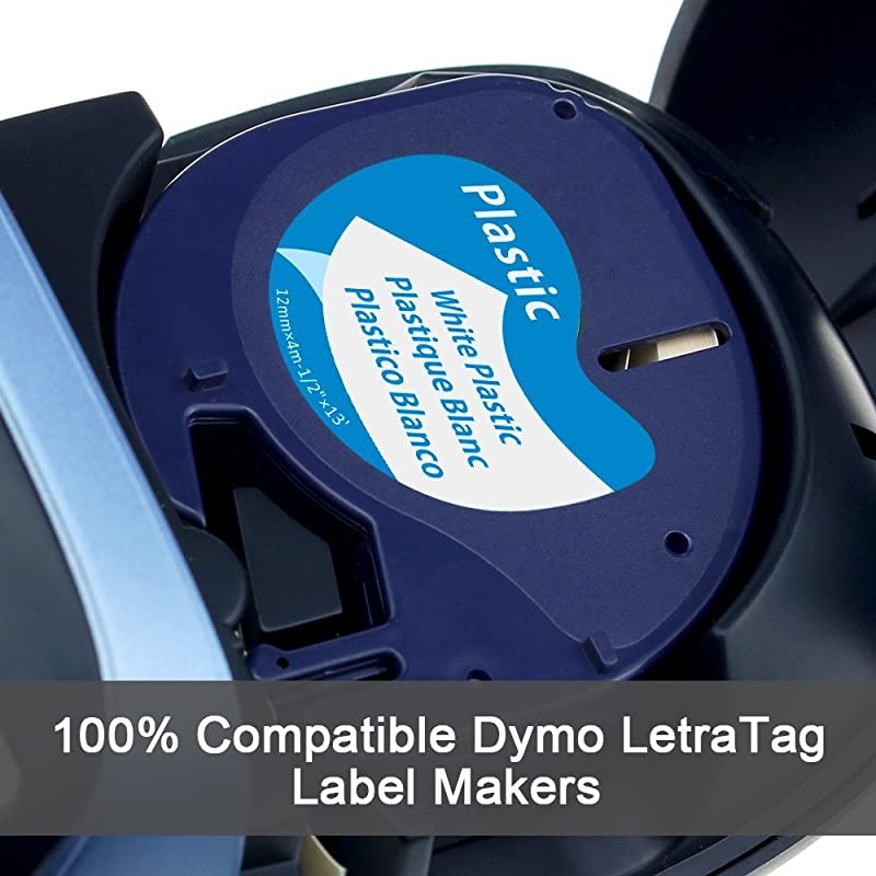 Compatible Label Tape Replacement for Dymo LetraTag Refills Plastic Label Tape, 91331 91332 91333 91334 Tape for DYMO LetraTag LT-100H LT-100T QX50 (1/2 Inch x 13 Feet, 12mm x 4m, 4-Pack)
