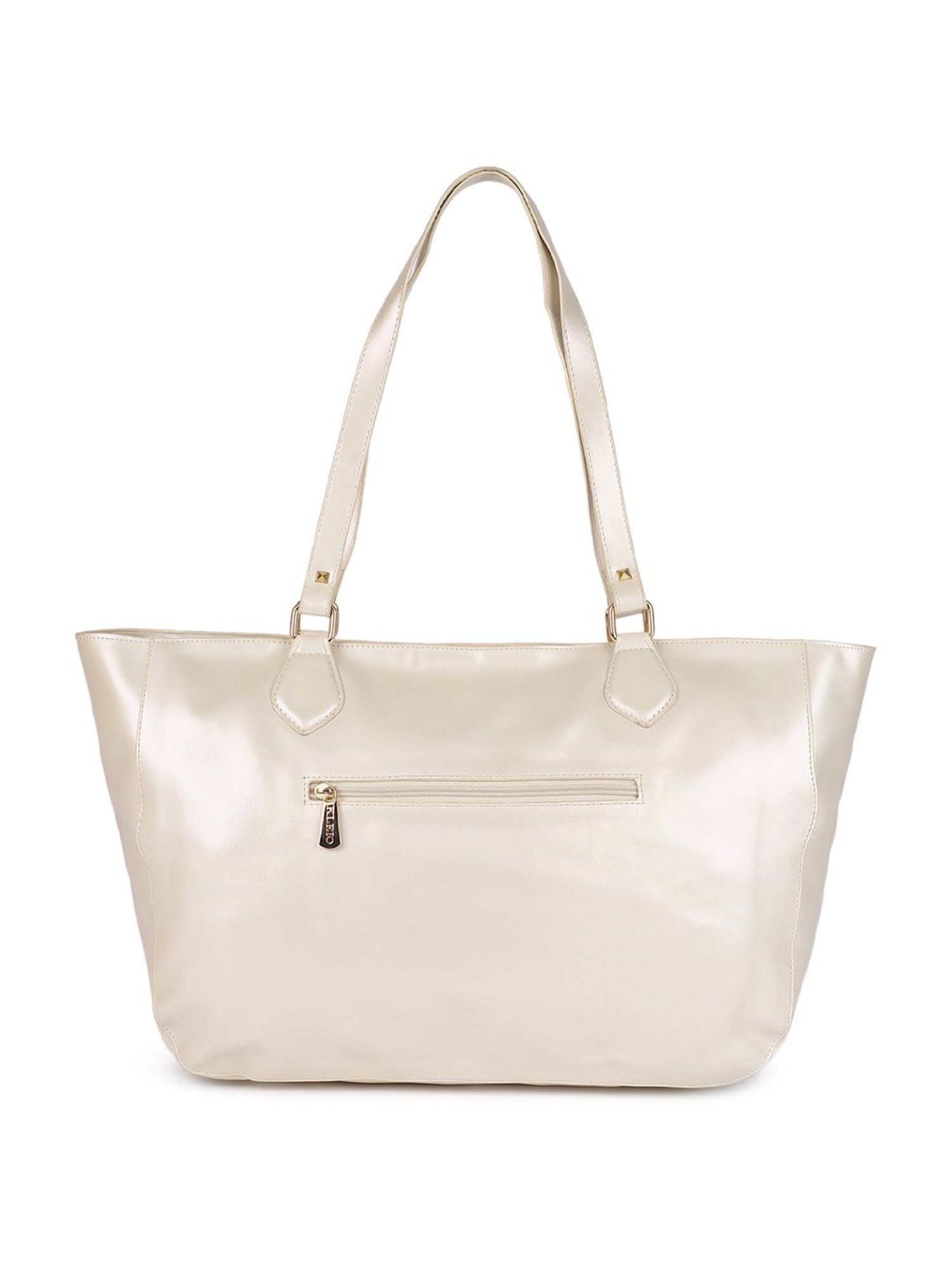 KLEIO Gold White Studded Medium Leather Tote Handbag