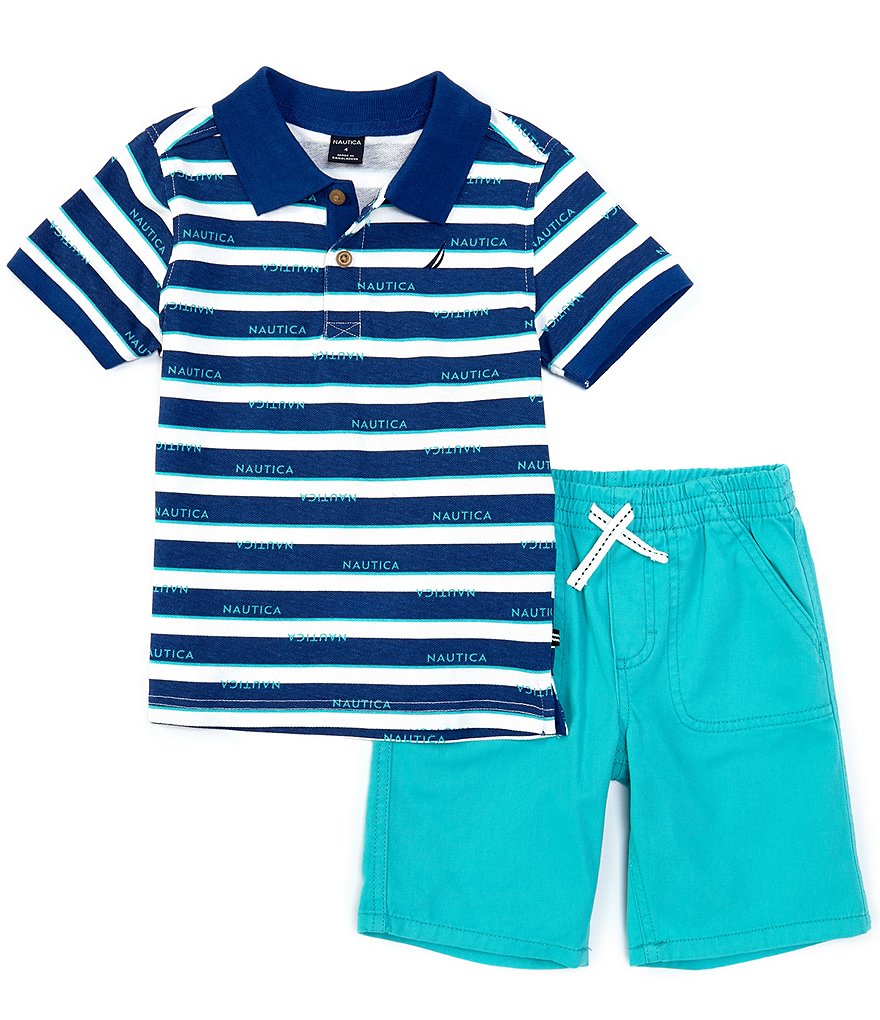 Nautica Baby Boys 12-24 Months Short-Sleeve Logo Striped Pique Polo Shirt & Microsueded Twill Shorts Set