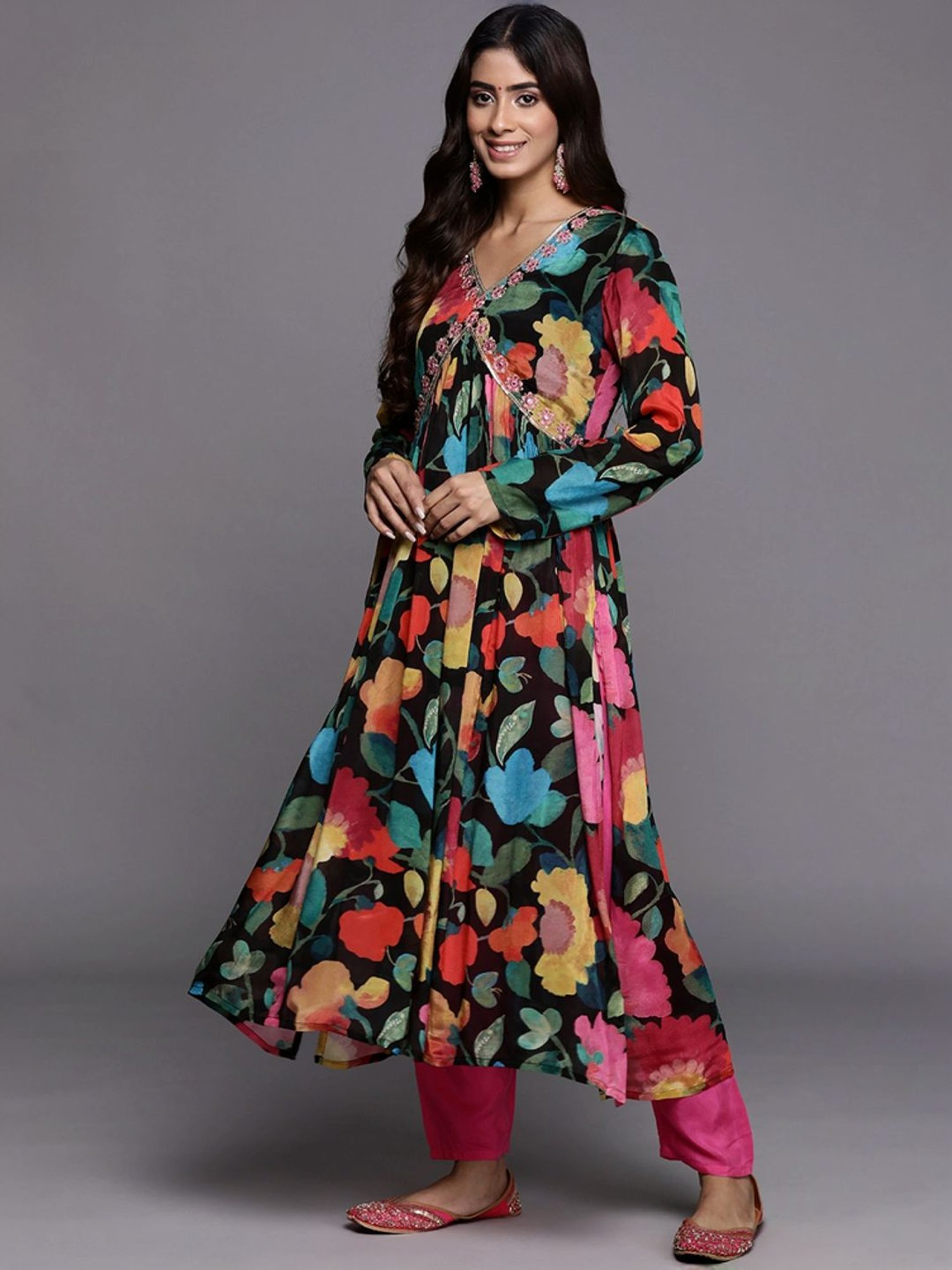 Varanga Black & Pink Floral Print Kurta Pant Set With Dupatta