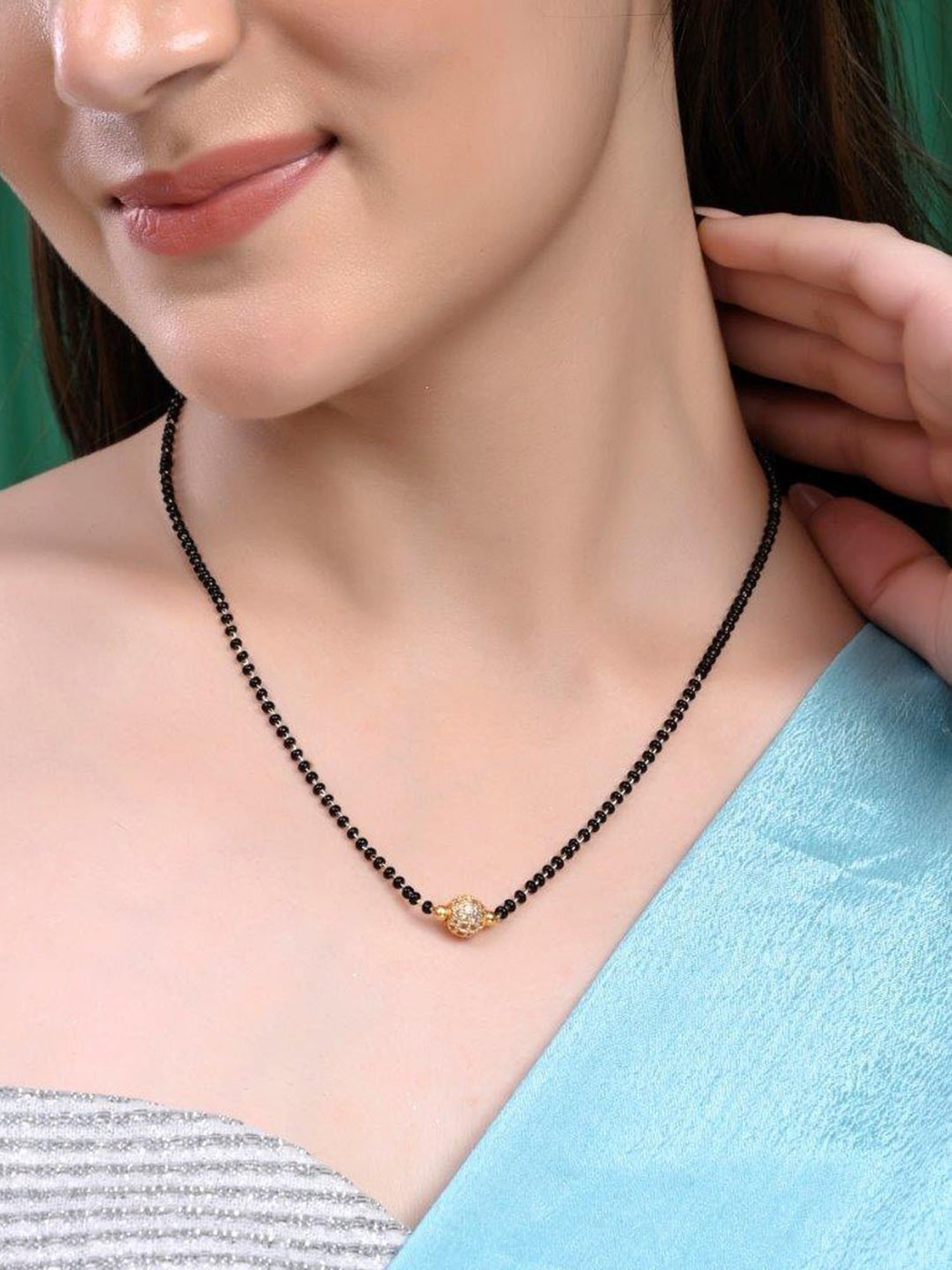 VOJ Gold-Plated AD-Studded & Beaded Mangalsutra for Women