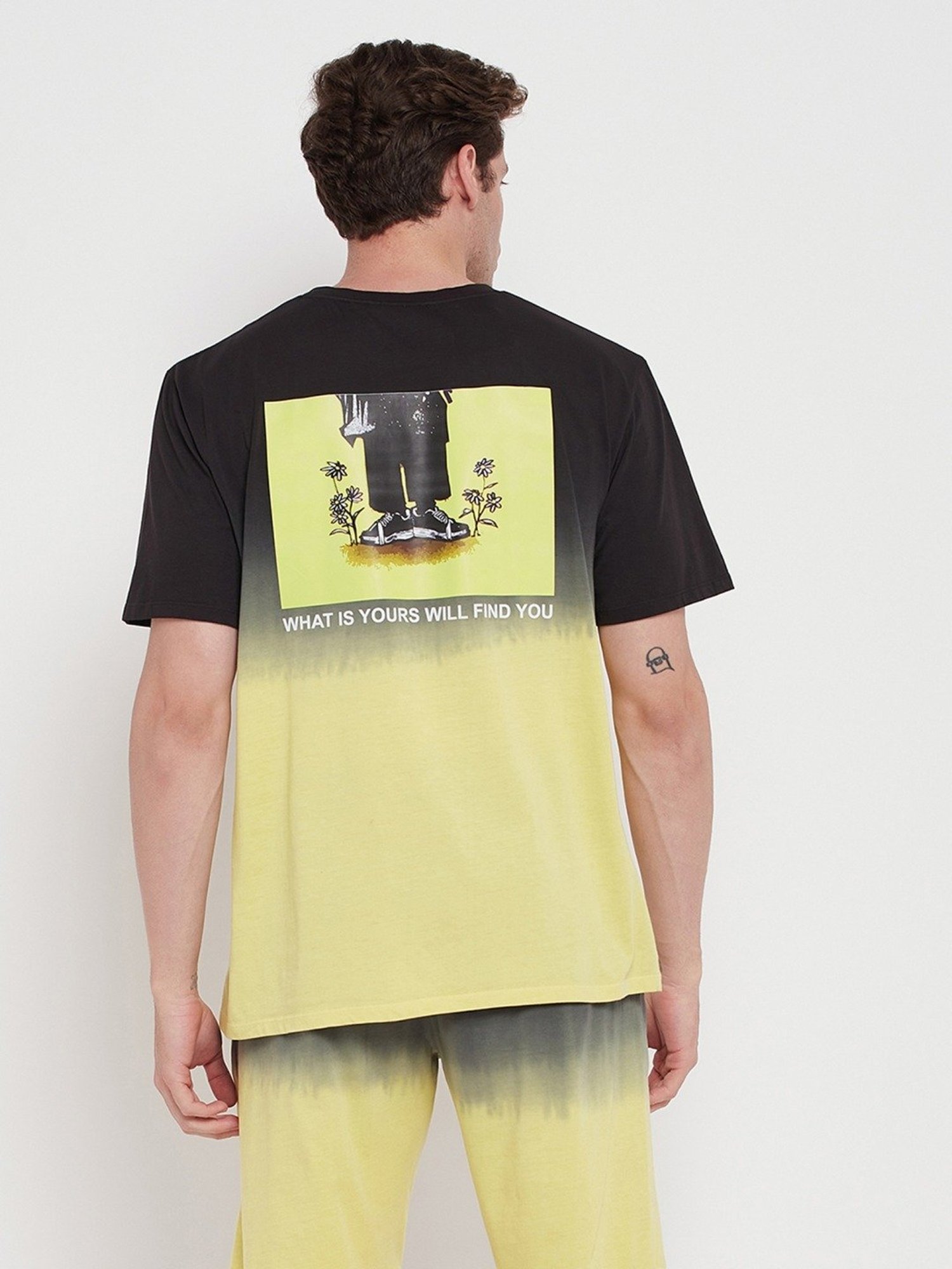 Edrio Black & Yellow Cotton Relaxed Fit Ombre T-Shirt