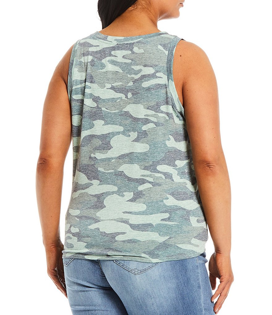Democracy Plus Size Camo Print Knit V-Neck Sleeveless Tie-Front Top