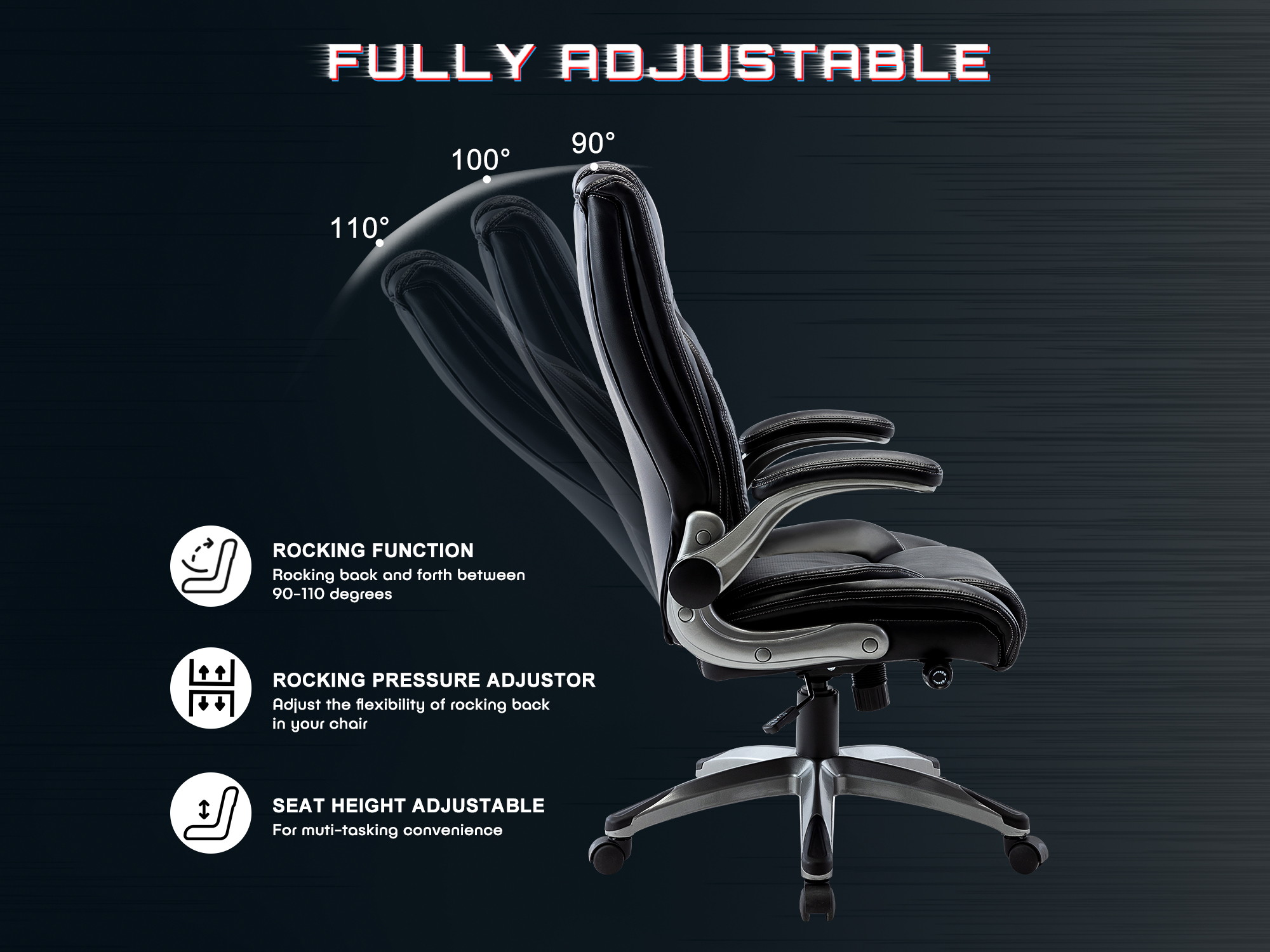 STARSPACE  Multifunctional Office Chair, Executive Computer Desk Task Swivel Chair - Adjustable Built in Lumbar Support, Tilt Angle and Flip-Up Arms, Metal Base, Black